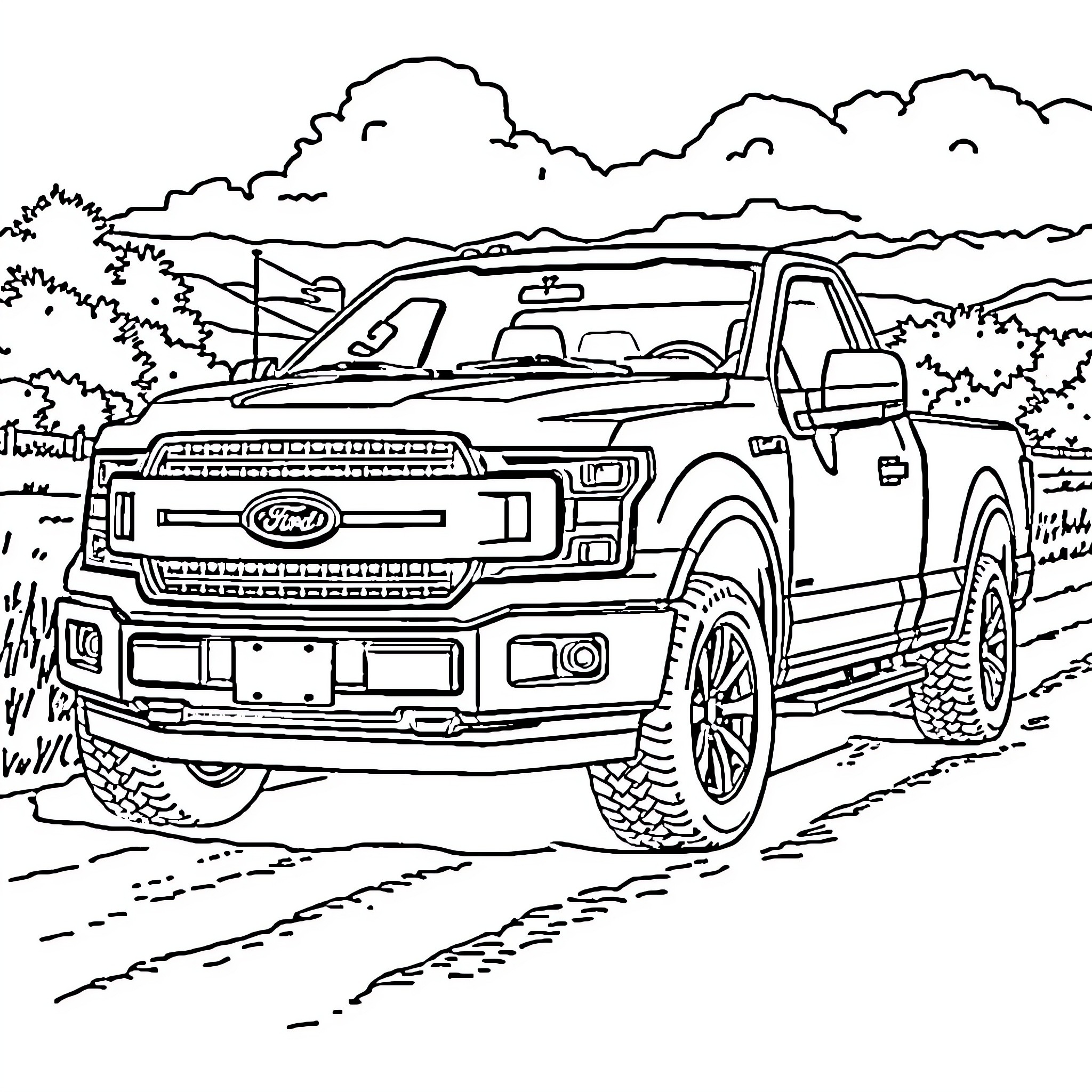 F150 truck driving through rugged outdoor terrain Coloring Page (free black-and-white line drawing printable PDF for all, from beginners to advanced learners, including children, teens, adults, and seniors)