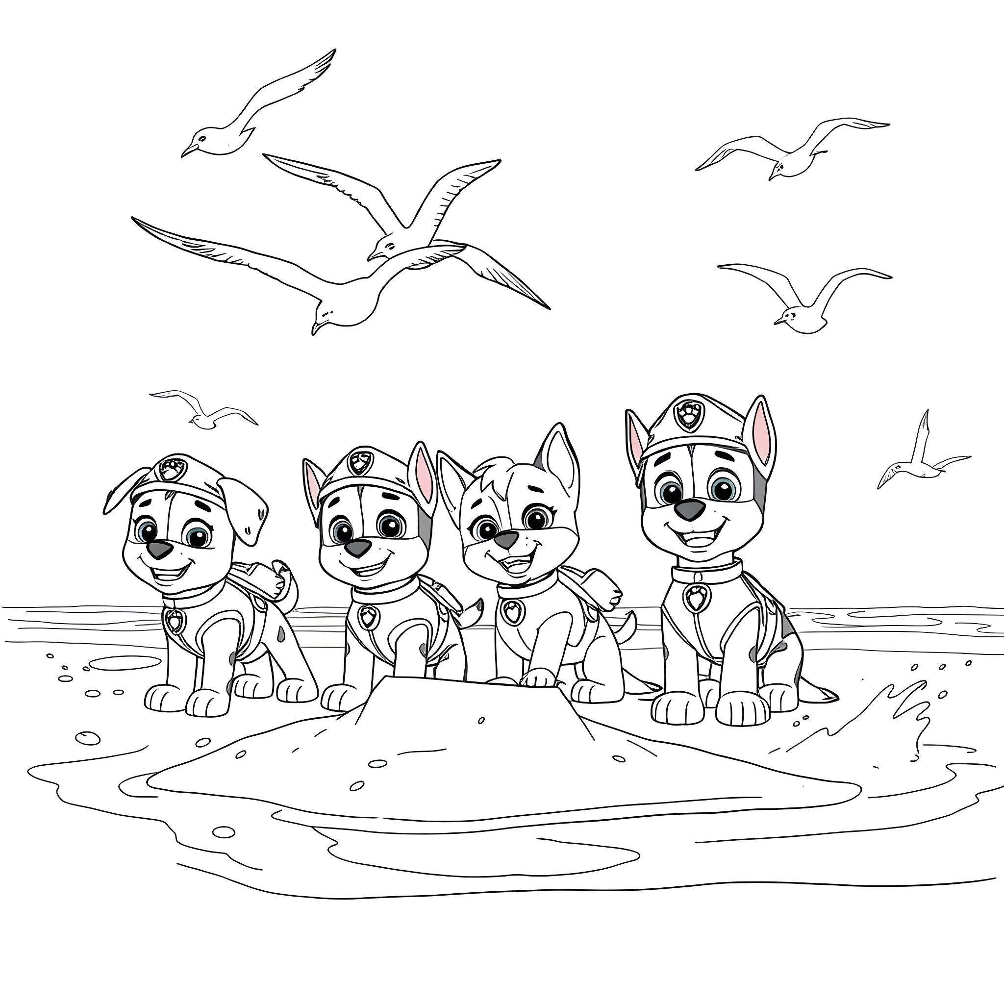 Paw Patrol puppies on the beach Coloring Page (free black-and-white line drawing printable PDF for all, from beginners to advanced learners, including children, teens, adults, and seniors)