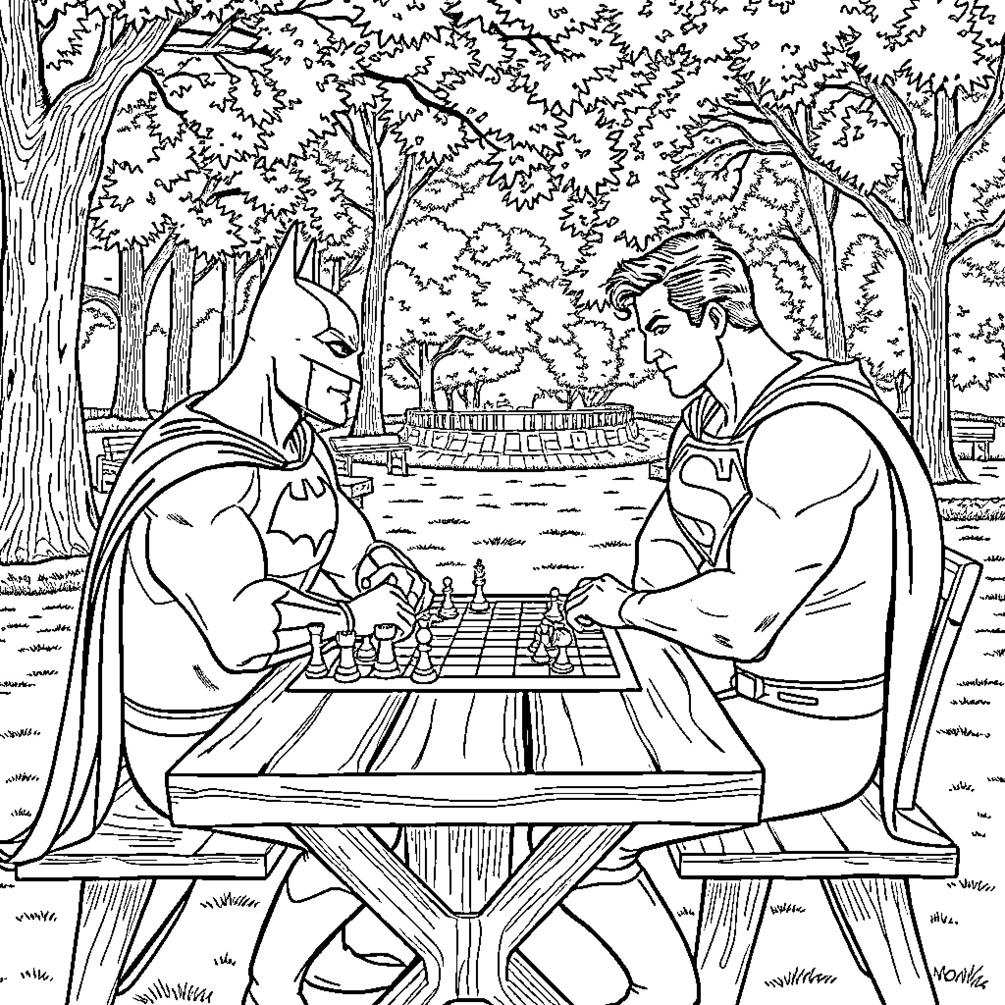 Batman playing chess with Superman in the park Coloring Page (free black-and-white line drawing printable PDF for all, from beginners to advanced learners, including children, teens, adults, and seniors)