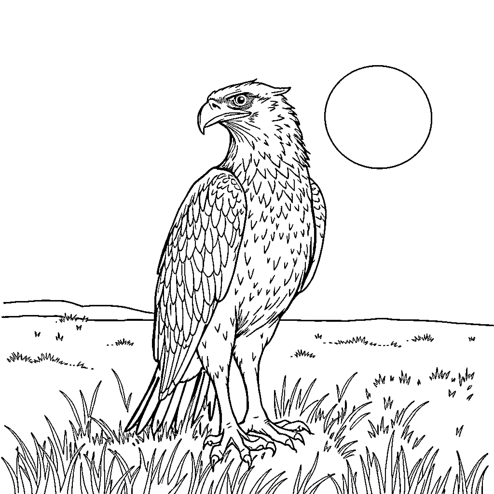 Raptor perched in a grassy field Coloring Page (free black-and-white line drawing printable PDF for all, from beginners to advanced learners, including children, teens, adults, and seniors)