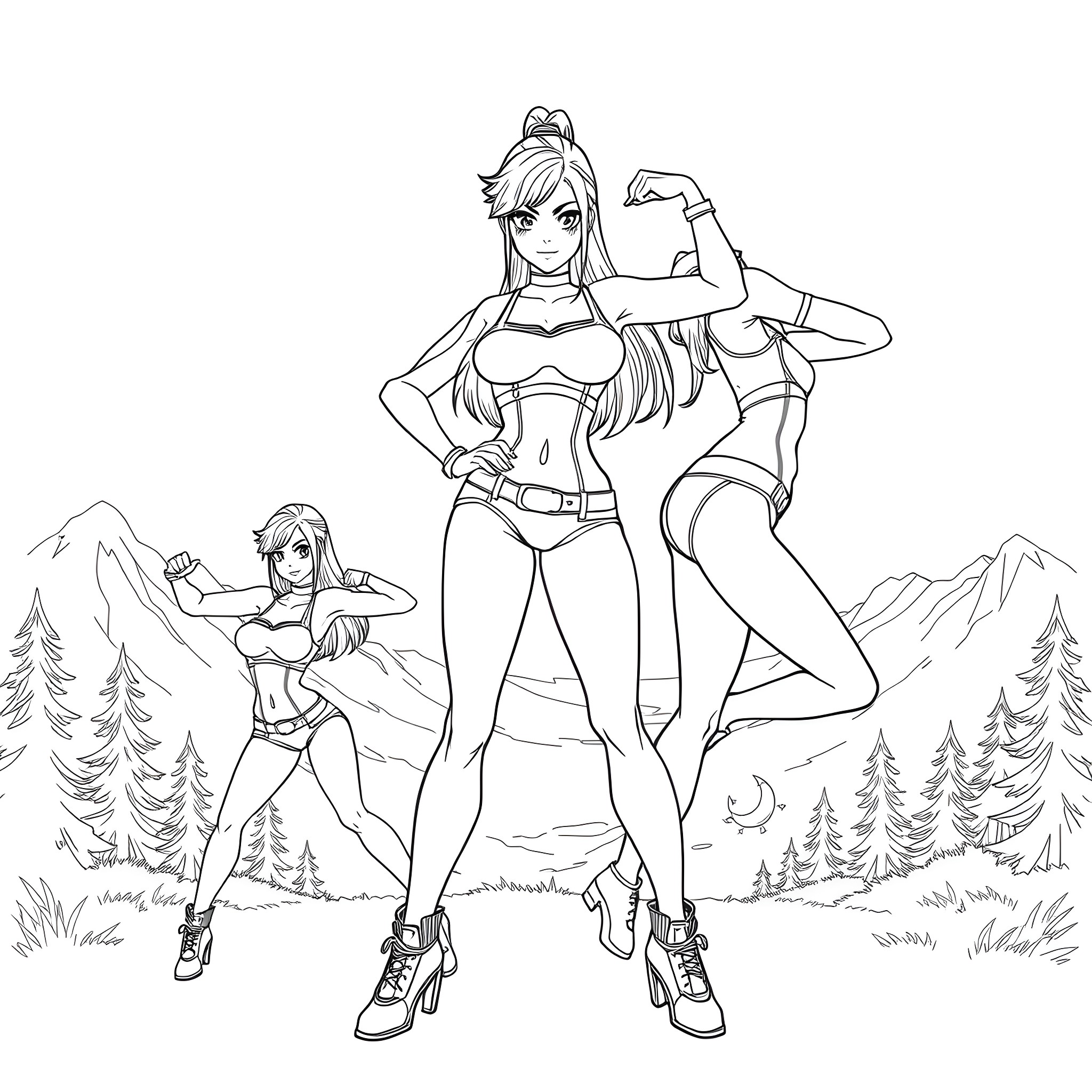 Tifa Lockhart in Empowering Poses Amidst Nature Coloring Page (free black-and-white line drawing printable PDF for all, from beginners to advanced learners, including children, teens, adults, and seniors)