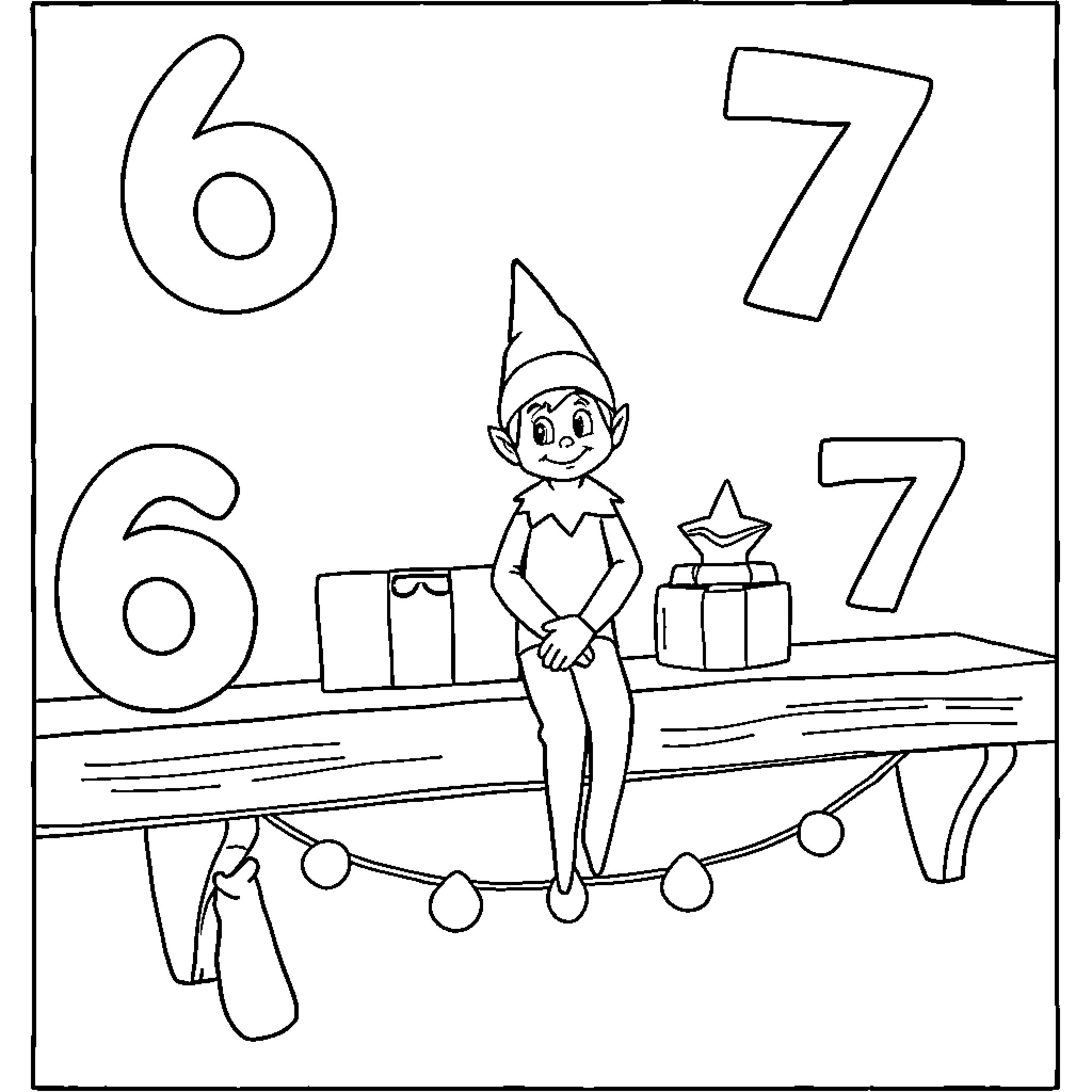 Elf sitting on a bench with numbers Coloring Page (free black-and-white line drawing printable PDF for all, from beginners to advanced learners, including children, teens, adults, and seniors)