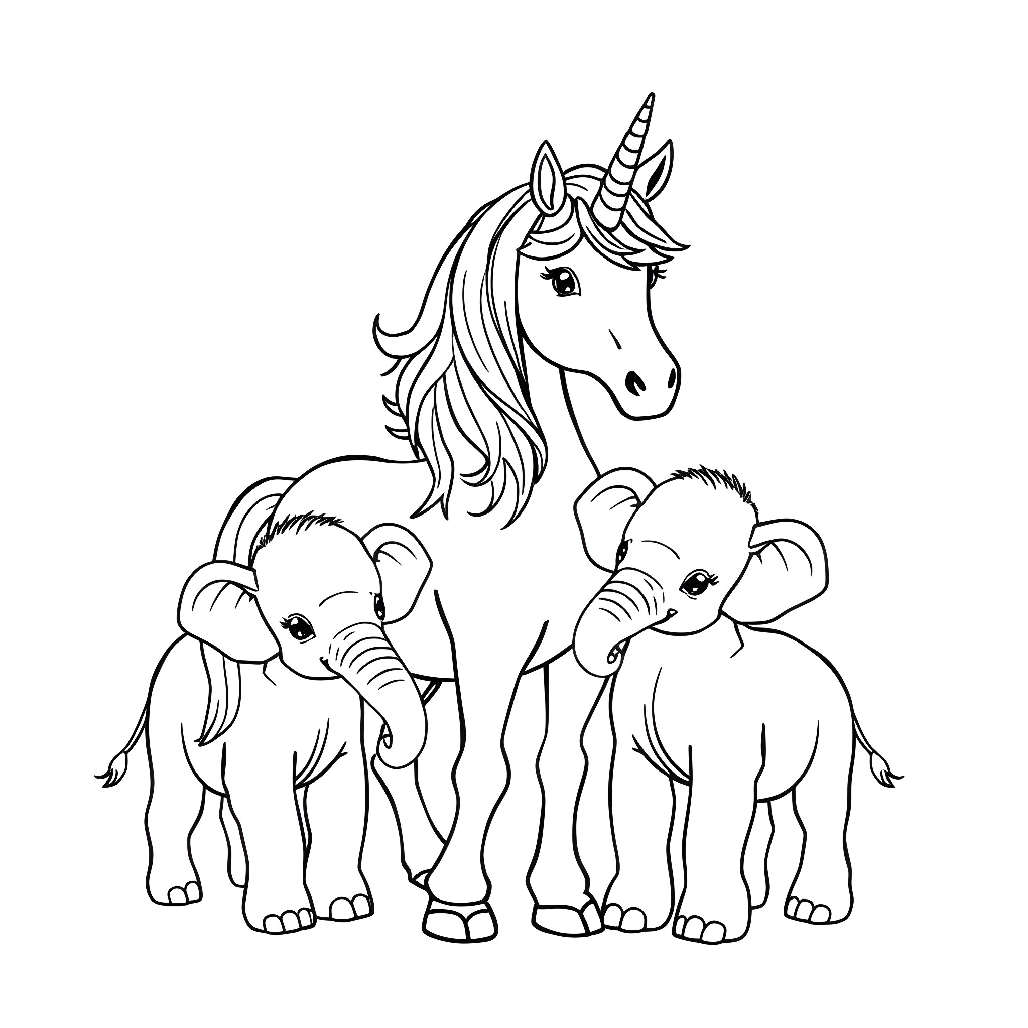 Unicorn with baby elephants in a whimsical scene Coloring Page (free black-and-white line drawing printable PDF for all, from beginners to advanced learners, including children, teens, adults, and seniors)