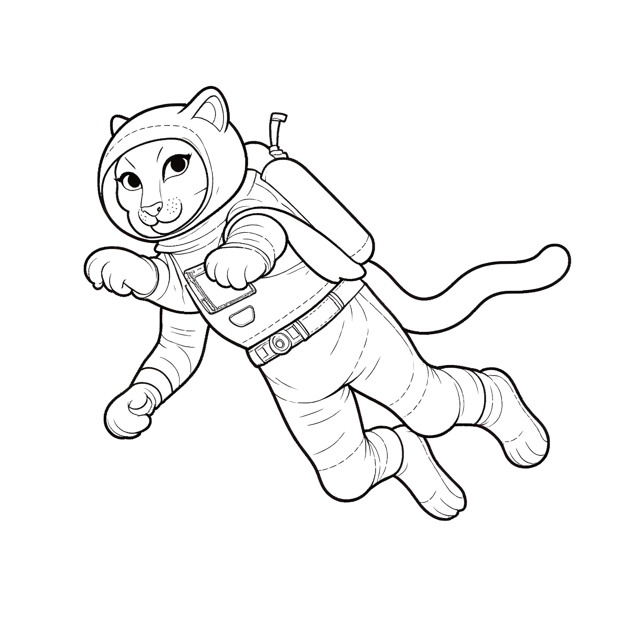 Cougar astronaut exploring the unknown Coloring Page (free black-and-white line drawing printable PDF for all, from beginners to advanced learners, including children, teens, adults, and seniors)