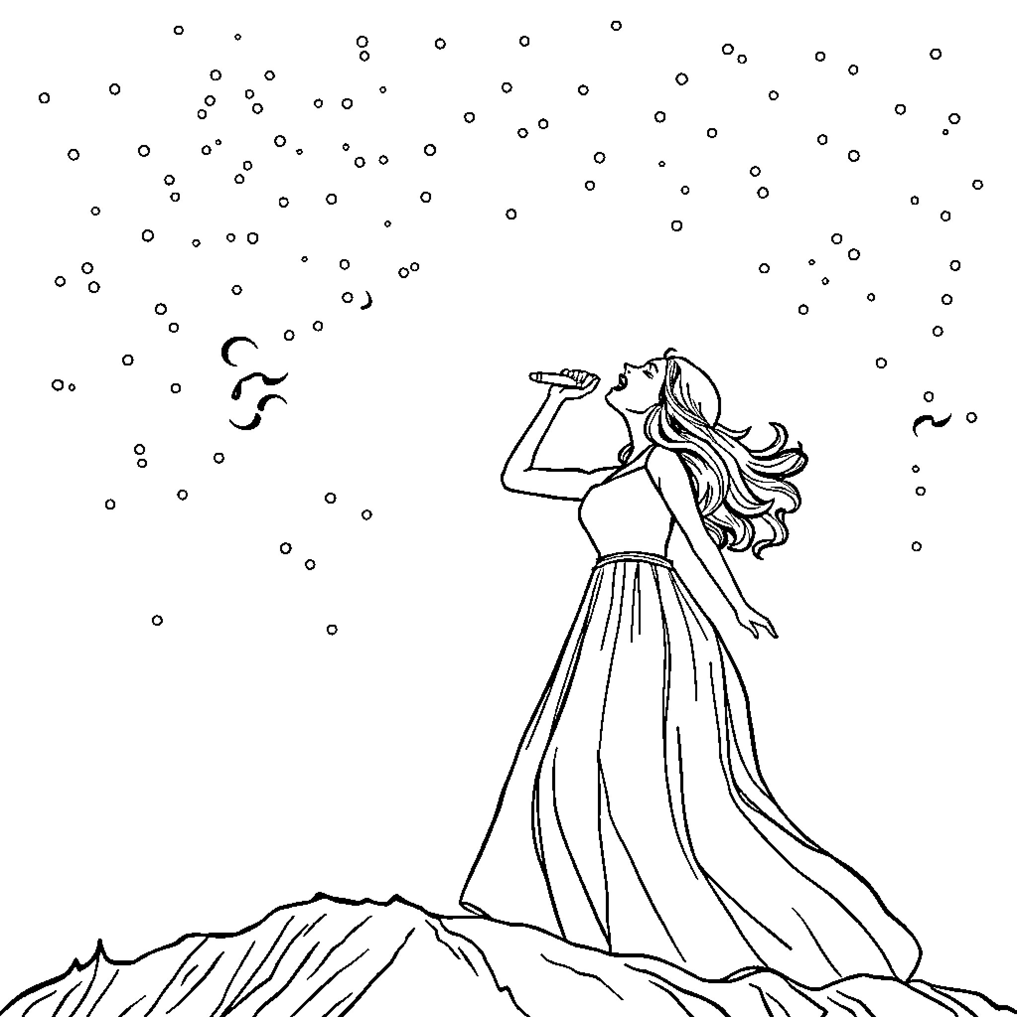 Singer performing under starry night sky Coloring Page (free black-and-white line drawing printable PDF for all, from beginners to advanced learners, including children, teens, adults, and seniors)
