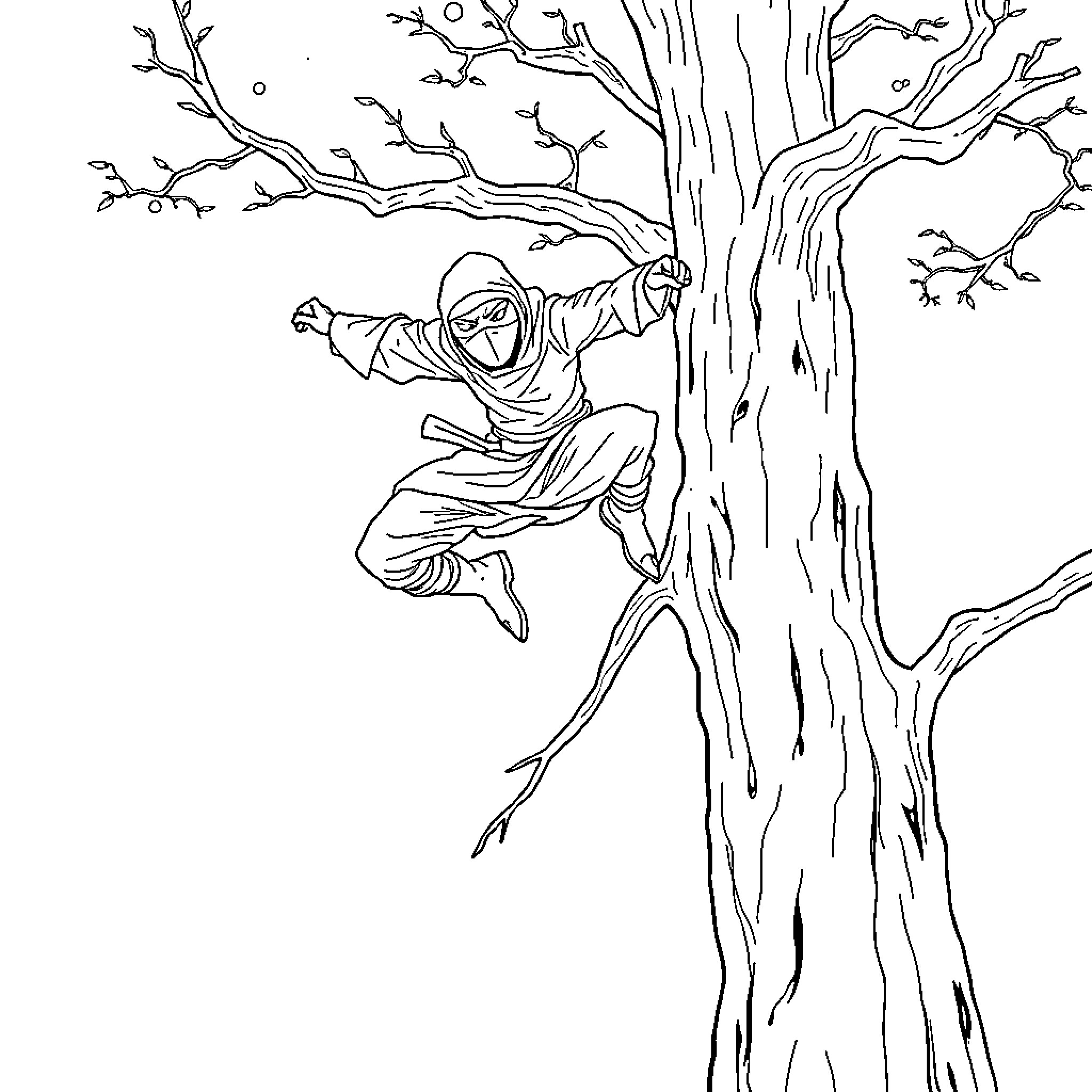 Ninja climbing up a twisted tree Coloring Page (free black-and-white line drawing printable PDF for all, from beginners to advanced learners, including children, teens, adults, and seniors)