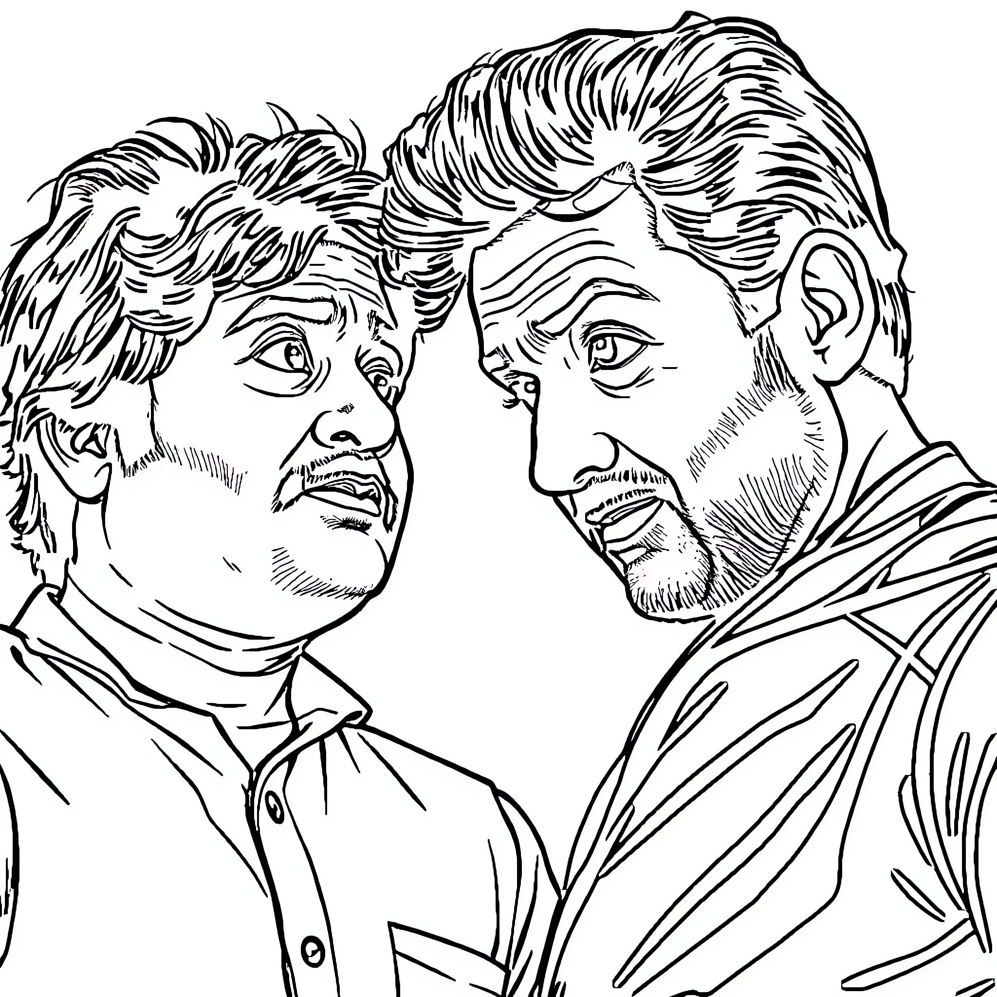 Rajpal Yadav's intense expressions with a co-star Coloring Page (free black-and-white line drawing printable PDF for all, from beginners to advanced learners, including children, teens, adults, and seniors)