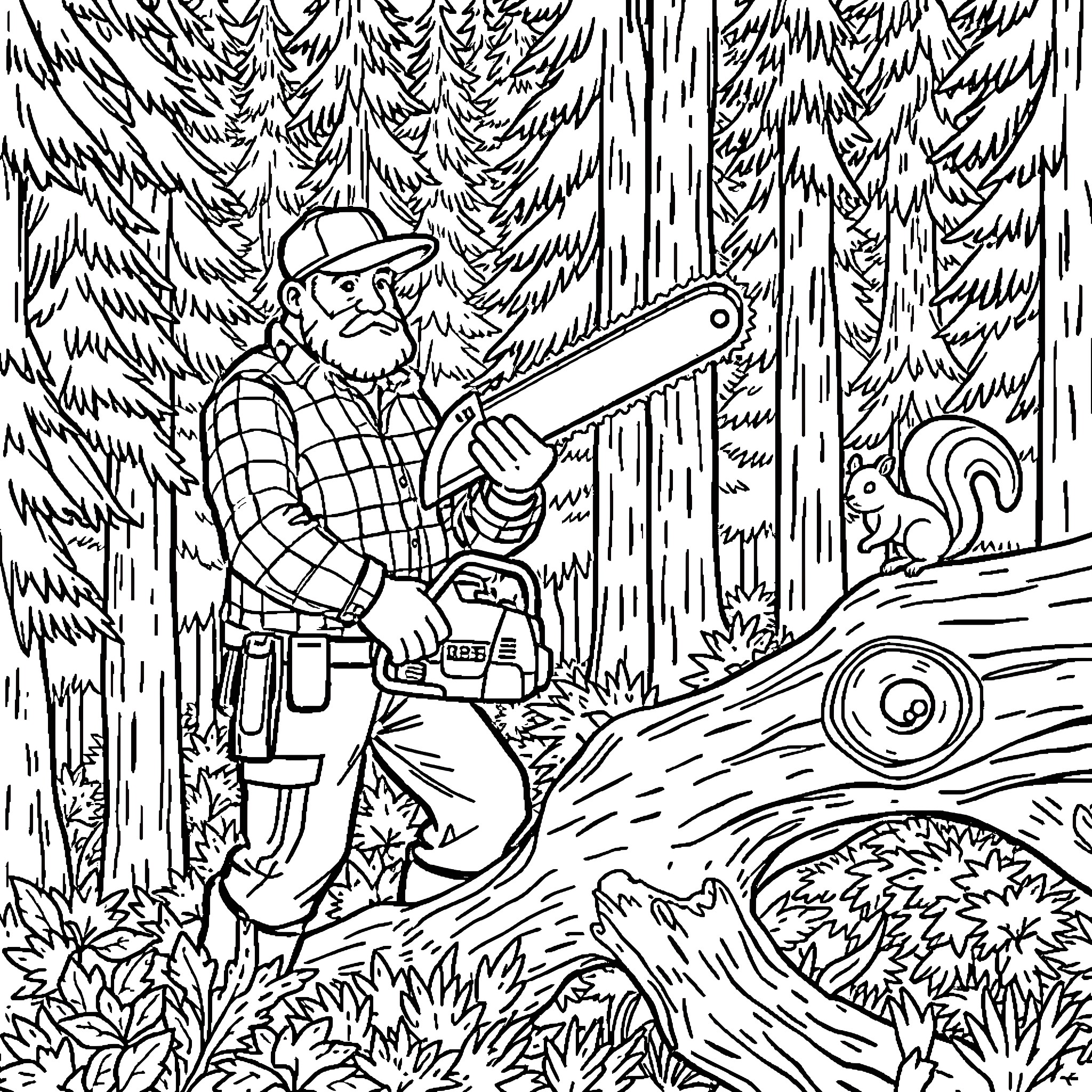 Lumberjack hard at work in the forest Coloring Page (free black-and-white line drawing printable PDF for all, from beginners to advanced learners, including children, teens, adults, and seniors)