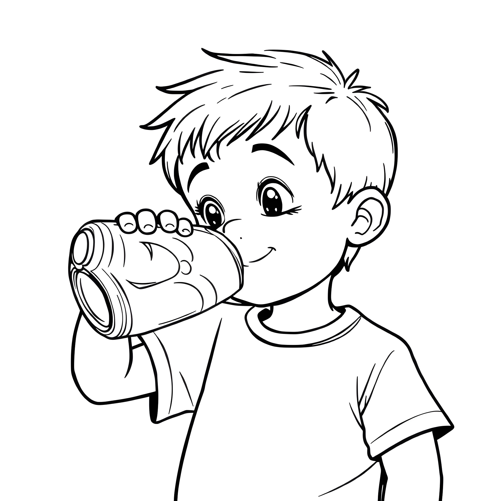 Kid drinking water from a bottle Coloring Page (free black-and-white line drawing printable PDF for all, from beginners to advanced learners, including children, teens, adults, and seniors)