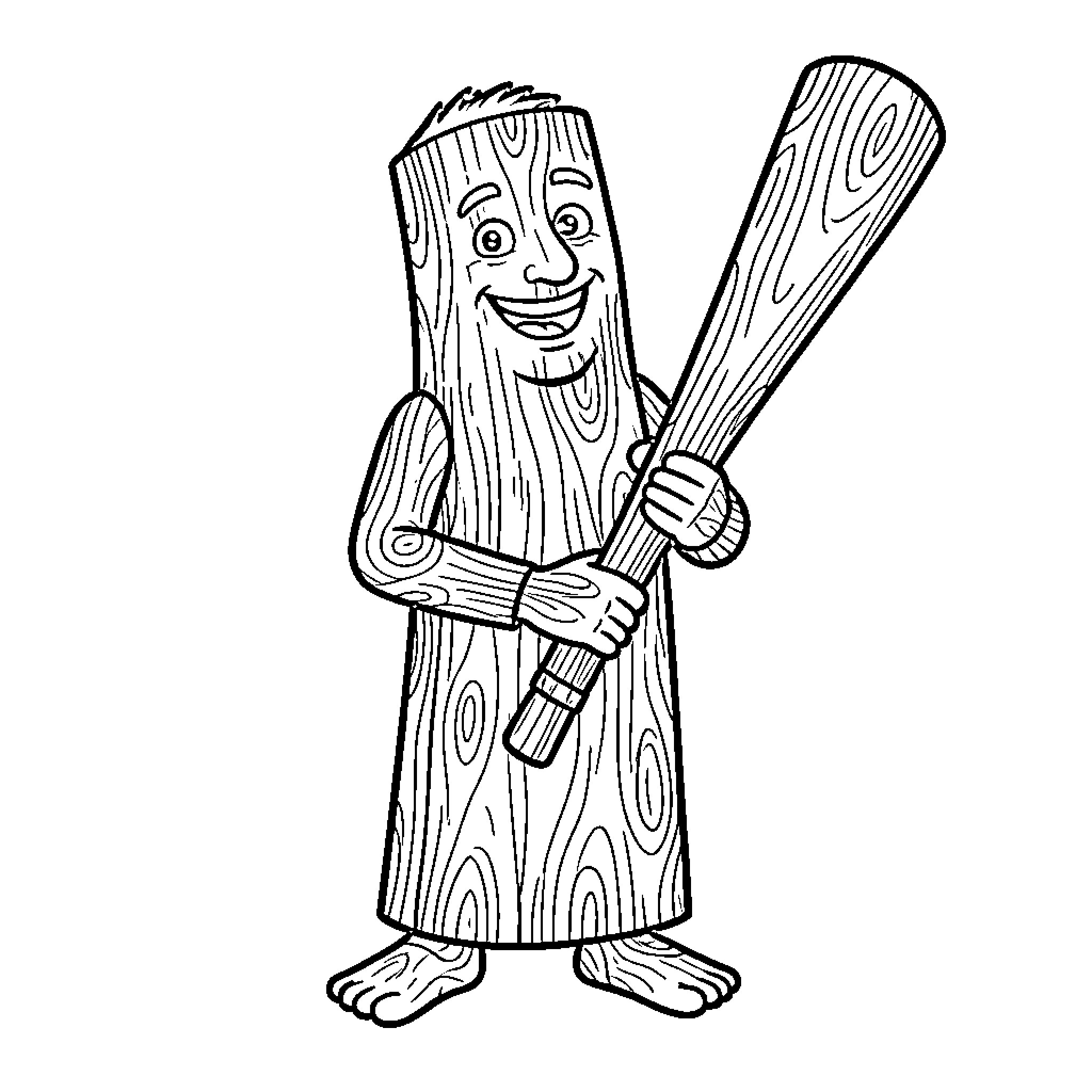 Wooden Man Holding Sports Equipment Coloring Page (free black-and-white line drawing printable PDF for all, from beginners to advanced learners, including children, teens, adults, and seniors)