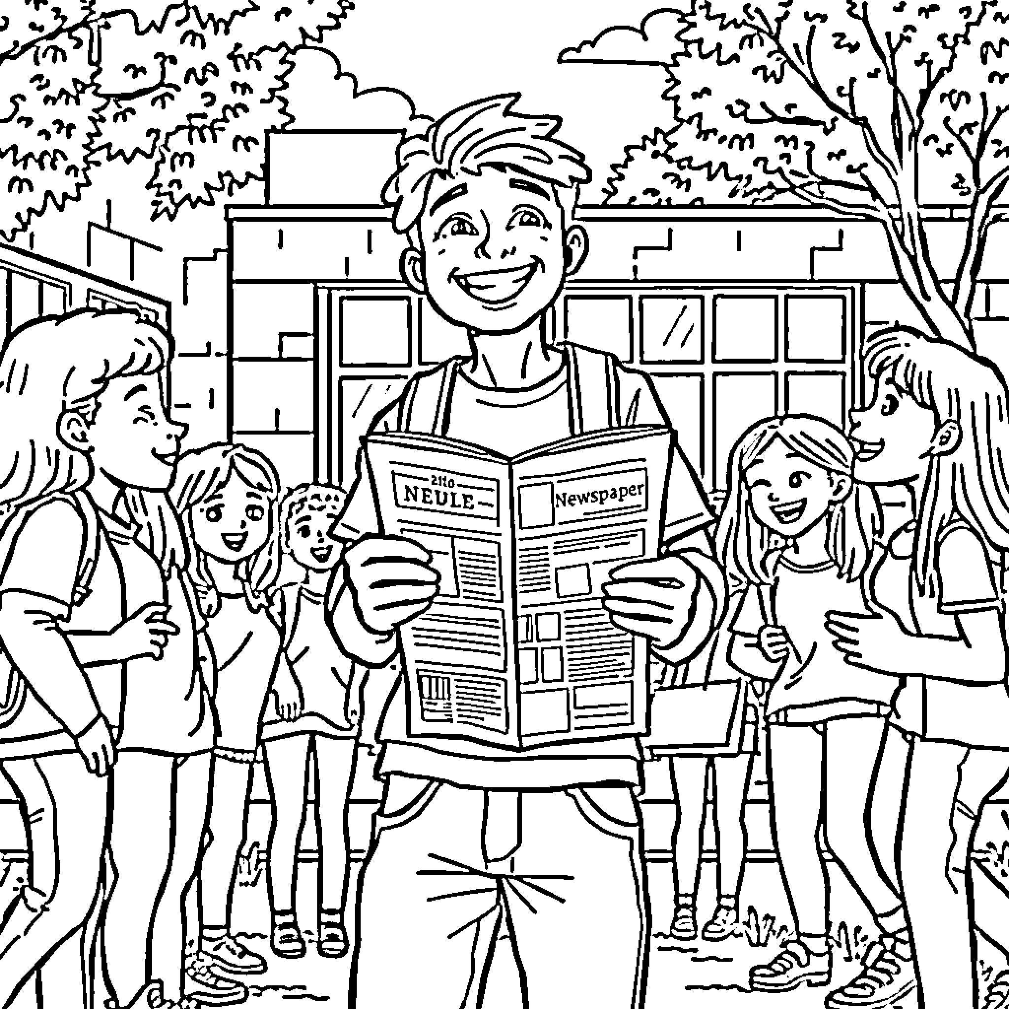 Student Reading the Newspaper with Classmates Coloring Page (free black-and-white line drawing printable PDF for all, from beginners to advanced learners, including children, teens, adults, and seniors)
