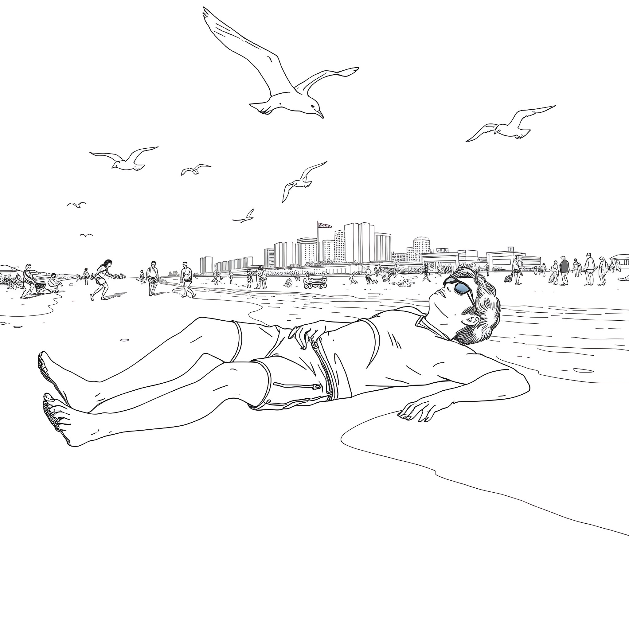 Carey Price relaxing on the beach Coloring Page (free black-and-white line drawing printable PDF for all, from beginners to advanced learners, including children, teens, adults, and seniors)