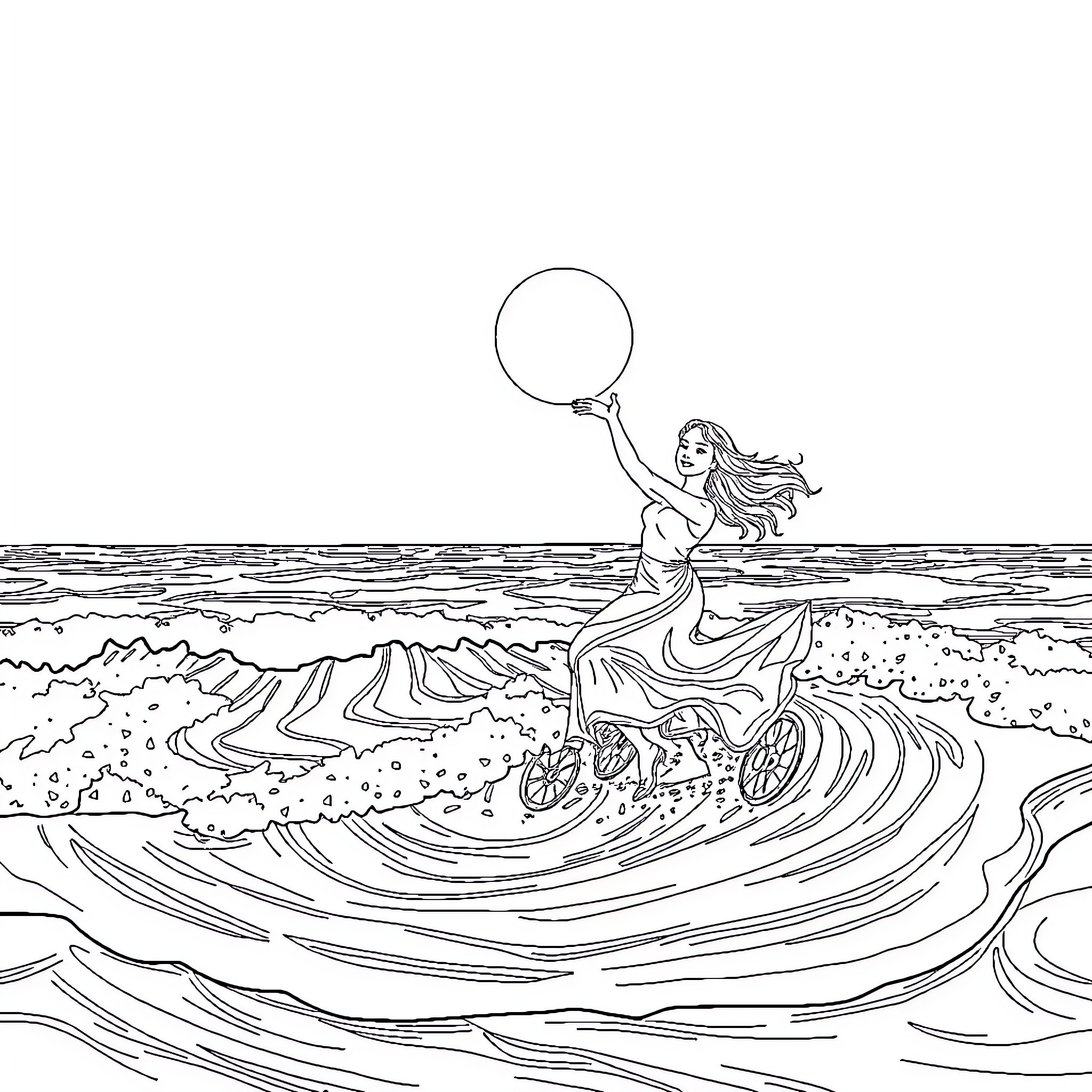 Sony woman riding waves with balloon Coloring Page (free black-and-white line drawing printable PDF for all, from beginners to advanced learners, including children, teens, adults, and seniors)