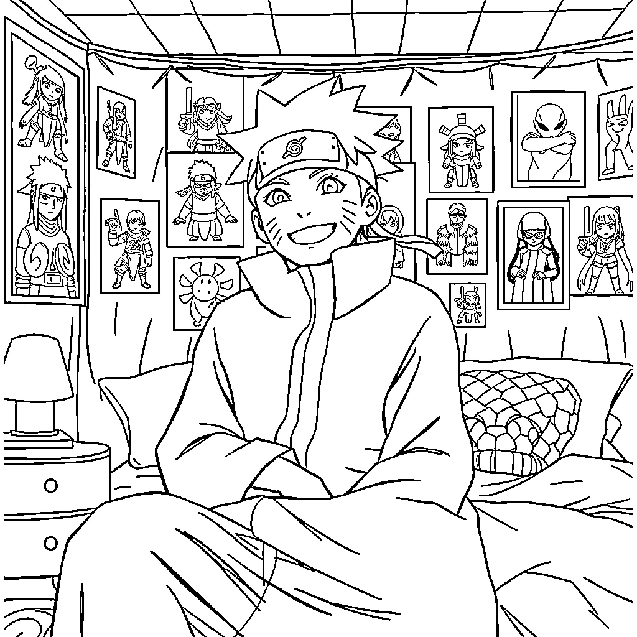 Naruto relaxing in his room surrounded by anime characters Coloring Page (free black-and-white line drawing printable PDF for all, from beginners to advanced learners, including children, teens, adults, and seniors)