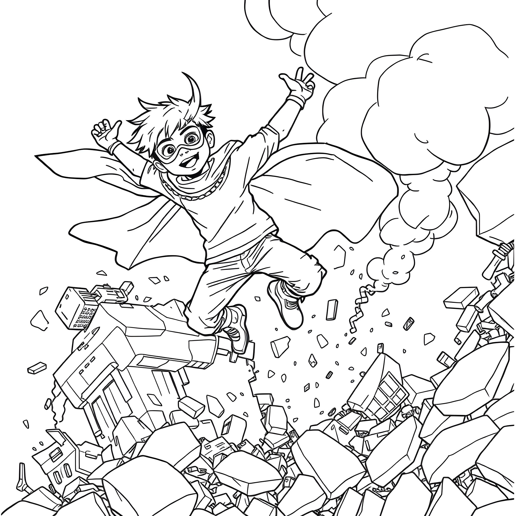 Boy exploring a broken world with enthusiasm Coloring Page (free black-and-white line drawing printable PDF for all, from beginners to advanced learners, including children, teens, adults, and seniors)