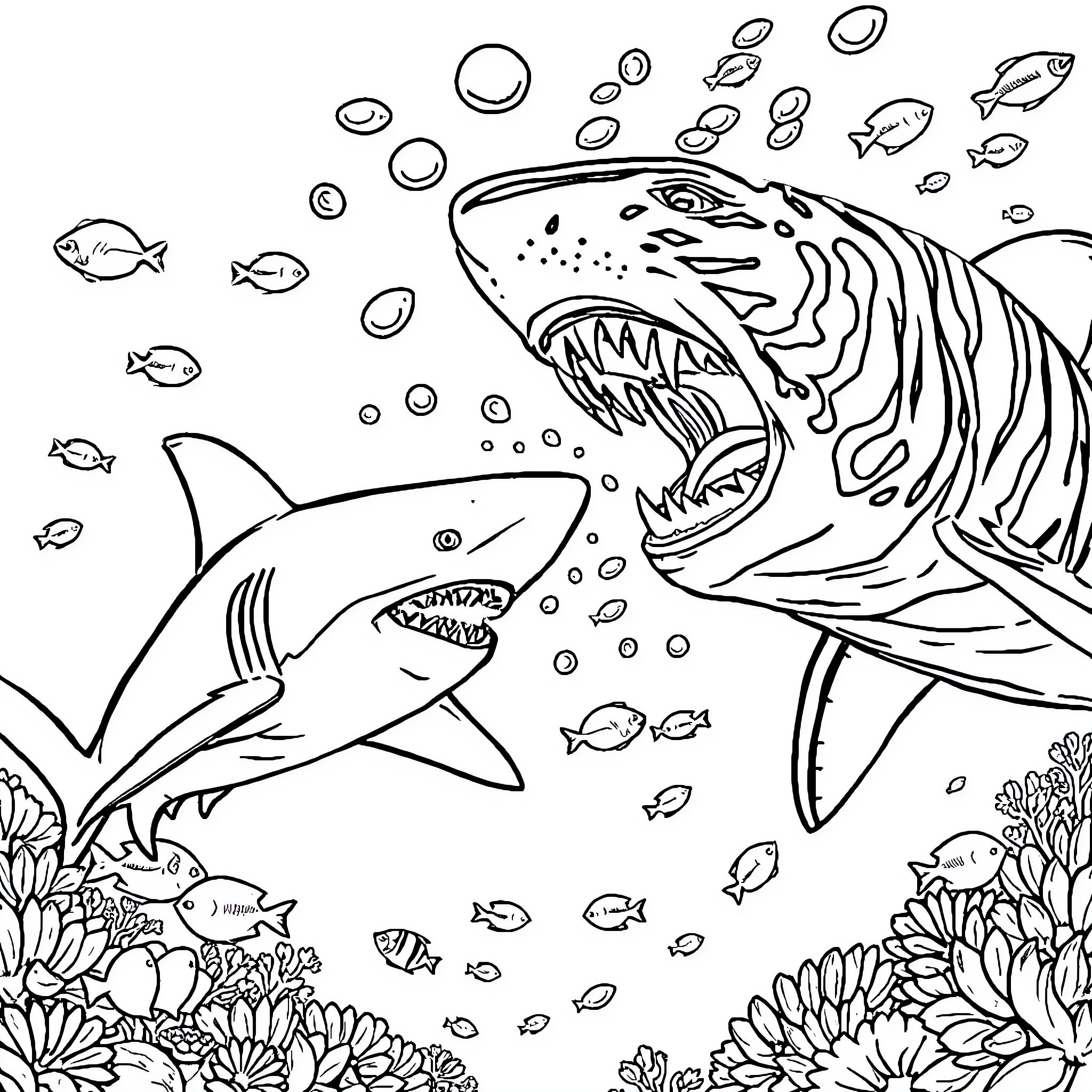 Shark hunting in the underwater scene Coloring Page (free black-and-white line drawing printable PDF for all, from beginners to advanced learners, including children, teens, adults, and seniors)