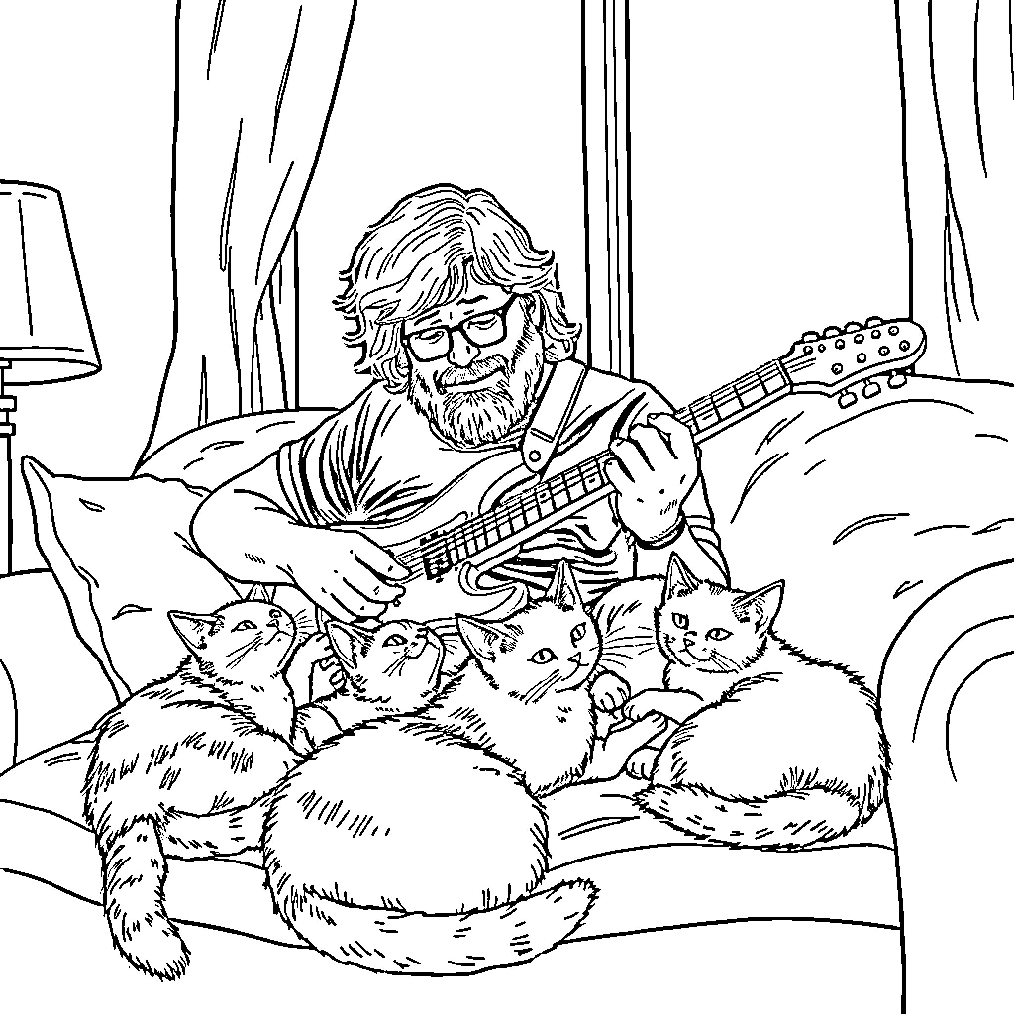 Trey Anastasio playing guitar with cats on the couch Coloring Page (free black-and-white line drawing printable PDF for all, from beginners to advanced learners, including children, teens, adults, and seniors)