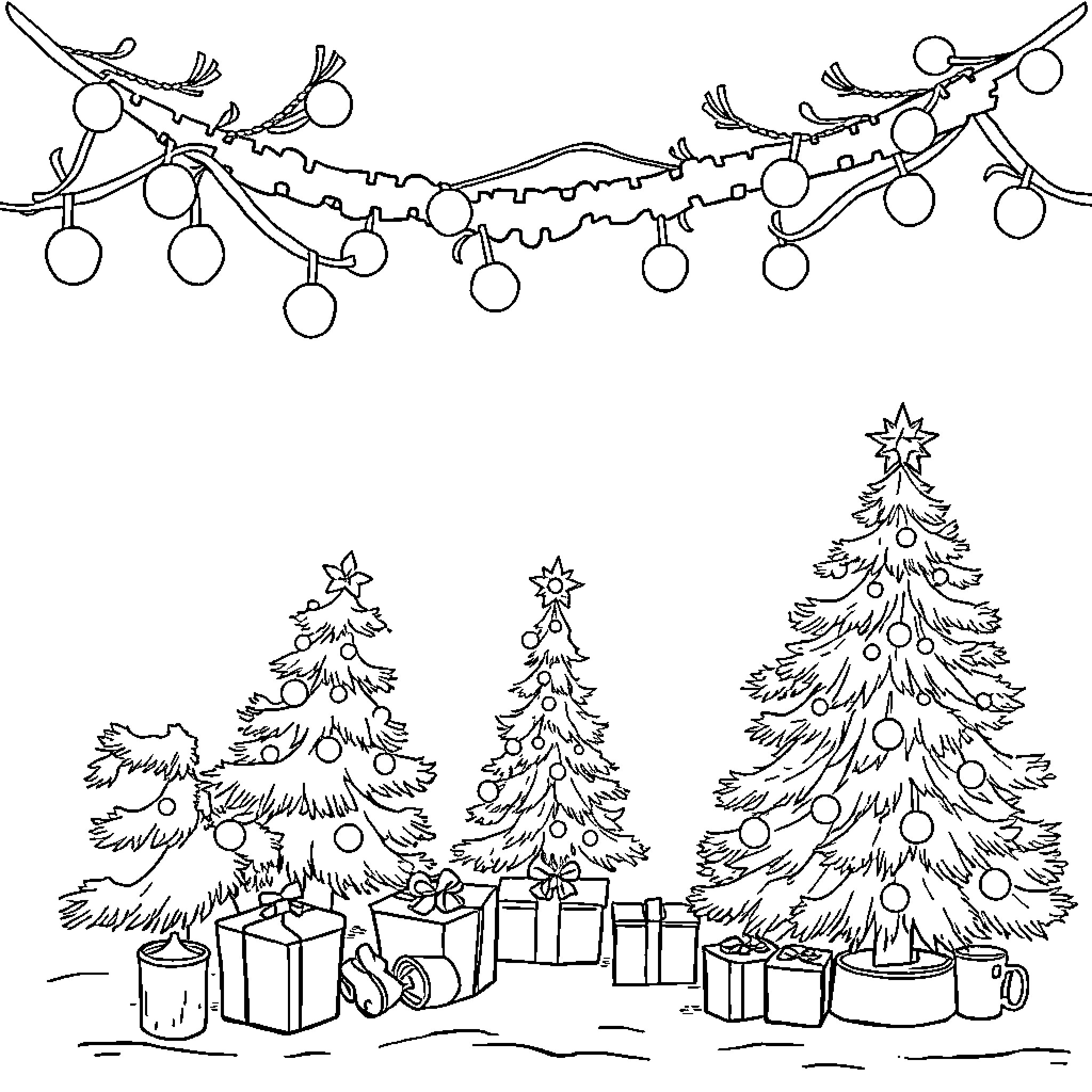 Christmas Rhyme: Festive Trees and Lights Coloring Page (free black-and-white line drawing printable PDF for all, from beginners to advanced learners, including children, teens, adults, and seniors)