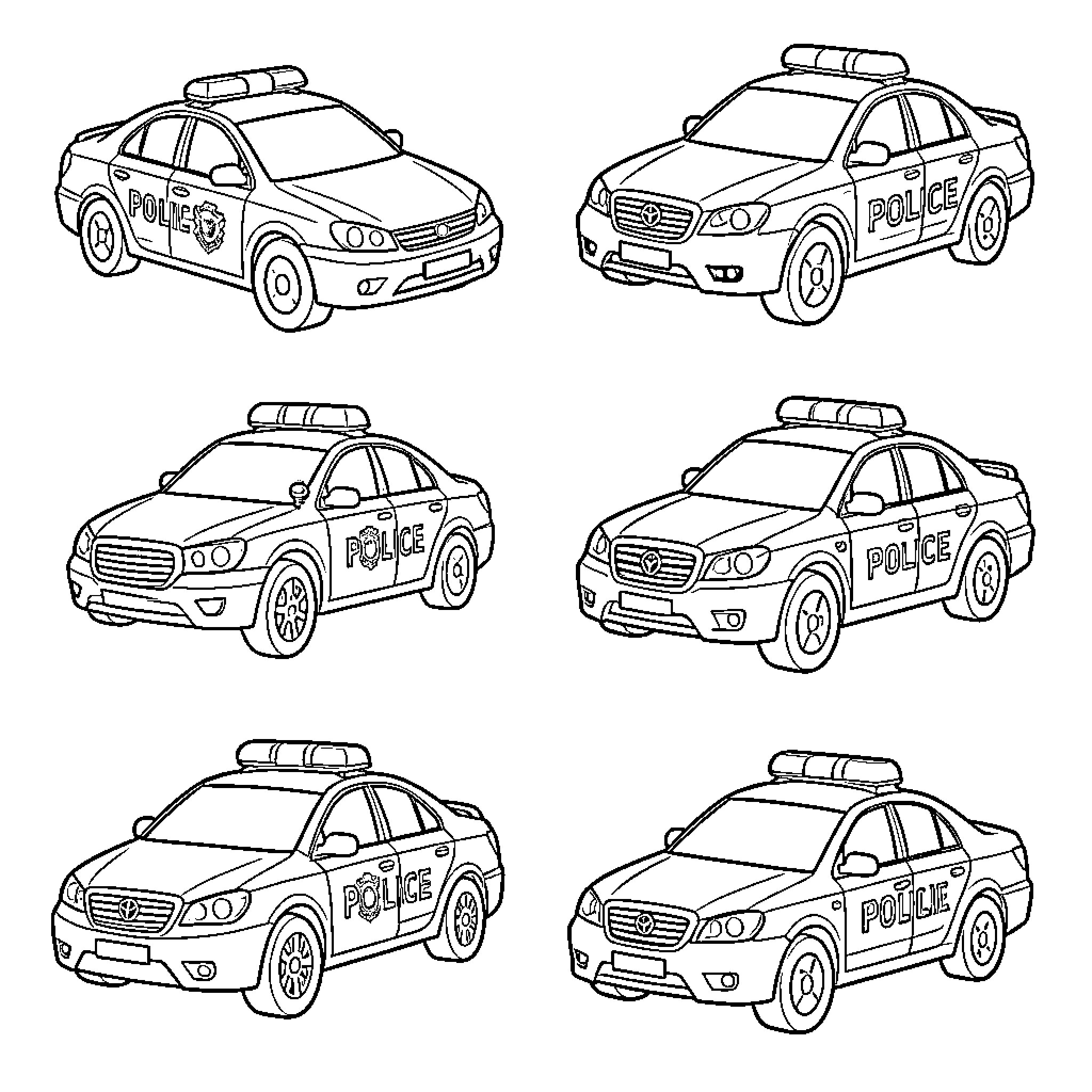 Robot Car Police Vehicles in Various Poses Coloring Page (free black-and-white line drawing printable PDF for all, from beginners to advanced learners, including children, teens, adults, and seniors)