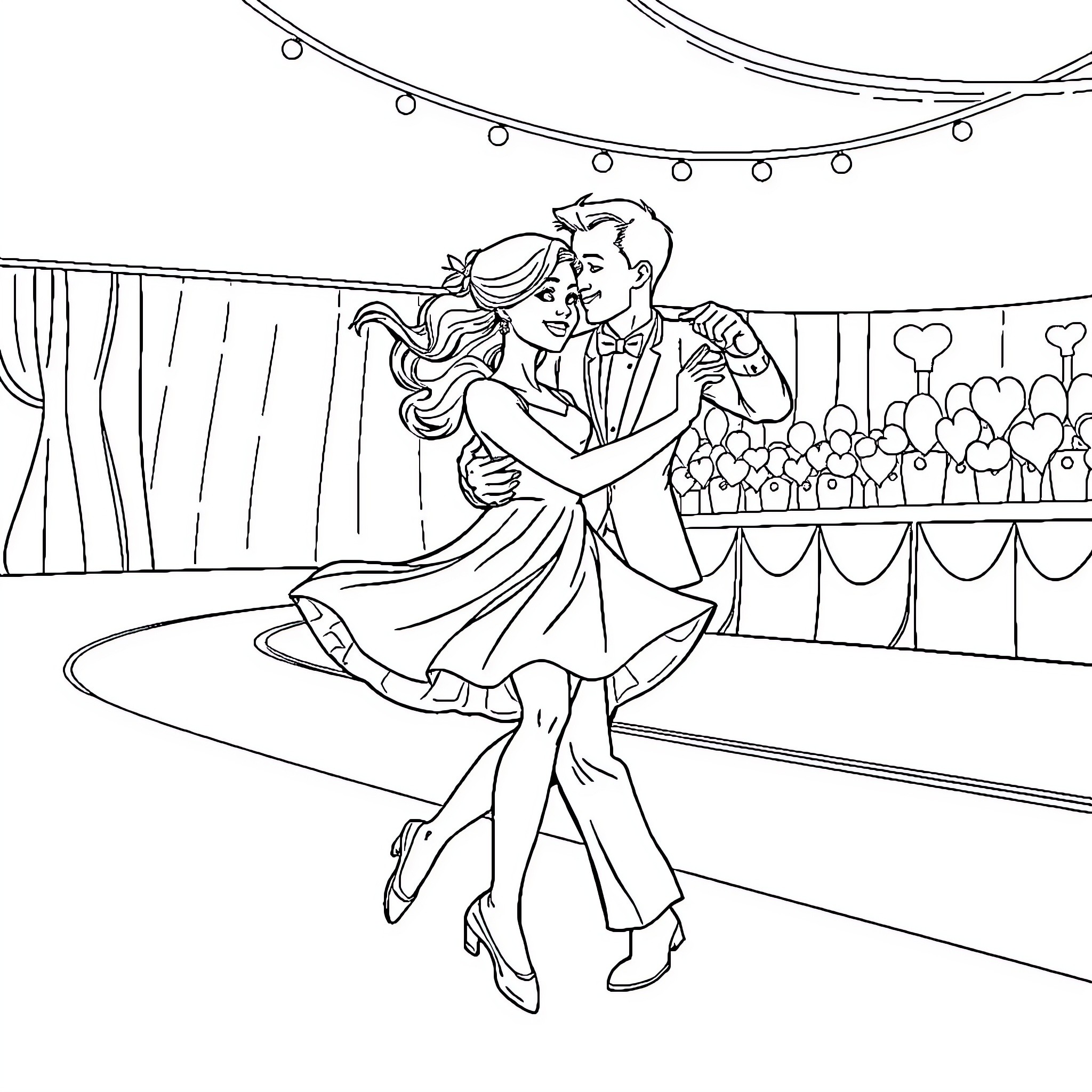 Gaby and her partner dancing at a lively party Coloring Page (free black-and-white line drawing printable PDF for all, from beginners to advanced learners, including children, teens, adults, and seniors)