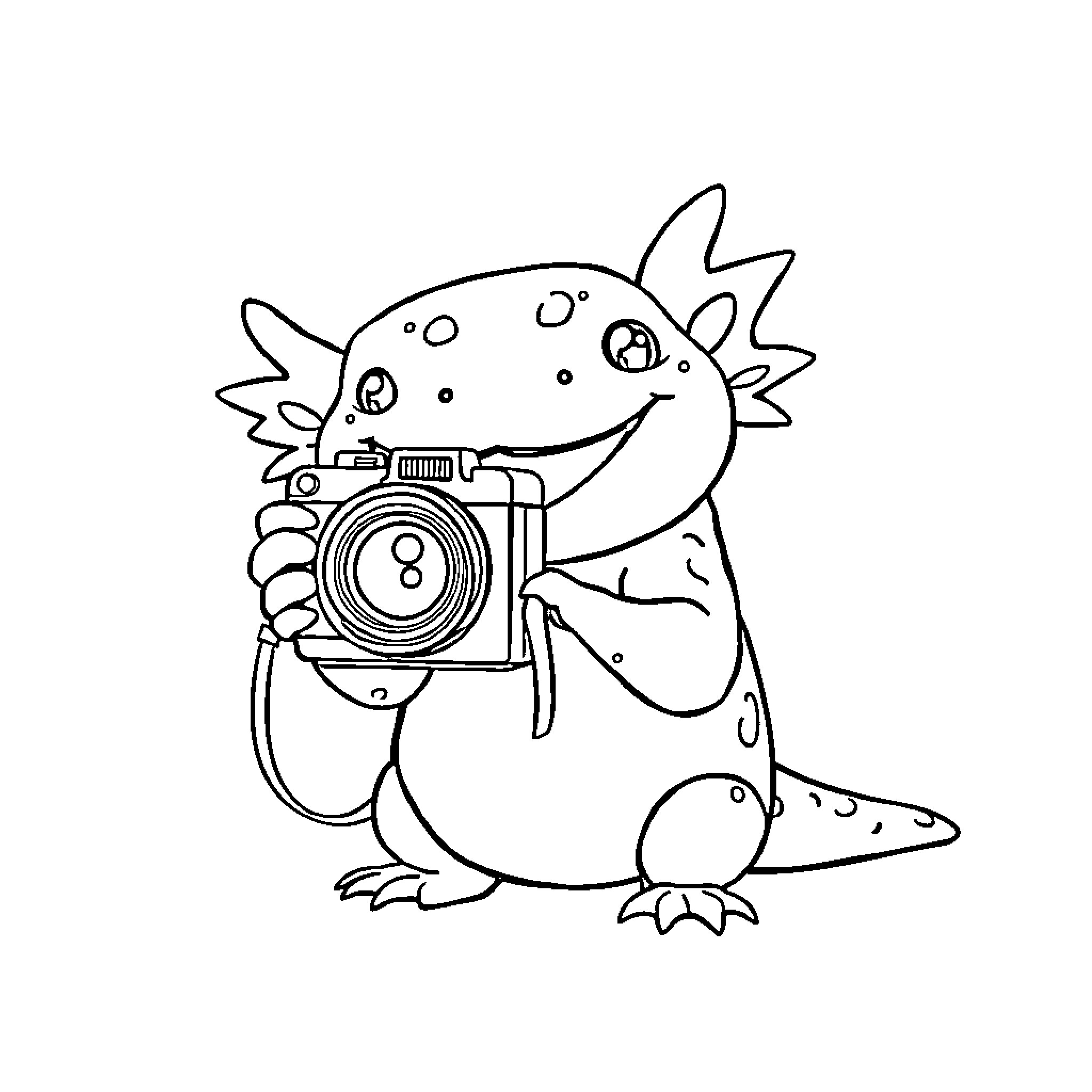 Axolotl photographer taking pictures with camera Coloring Page (free black-and-white line drawing printable PDF for all, from beginners to advanced learners, including children, teens, adults, and seniors)