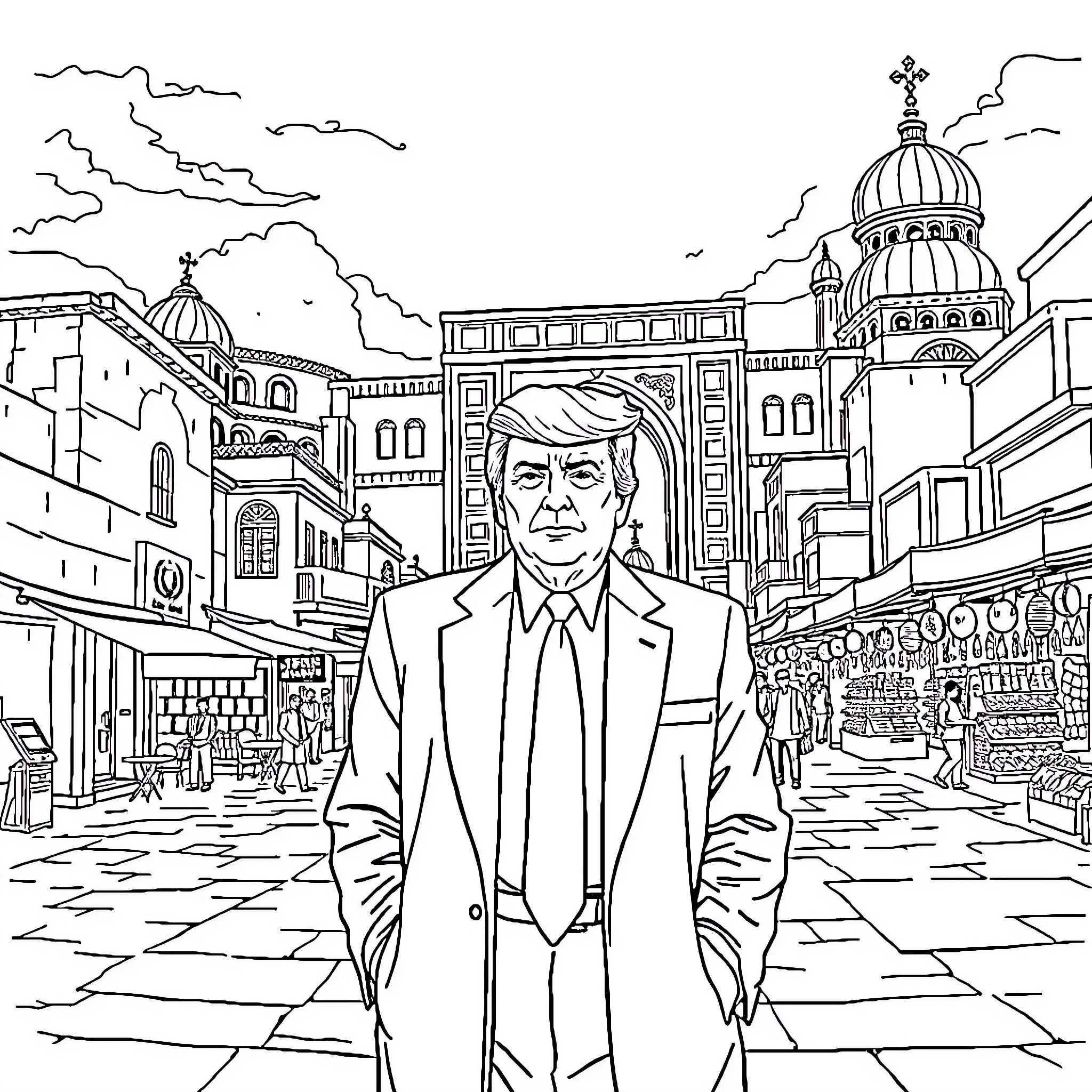 Donald Trump posing in front of a grand architectural scene Coloring Page (free black-and-white line drawing printable PDF for all, from beginners to advanced learners, including children, teens, adults, and seniors)