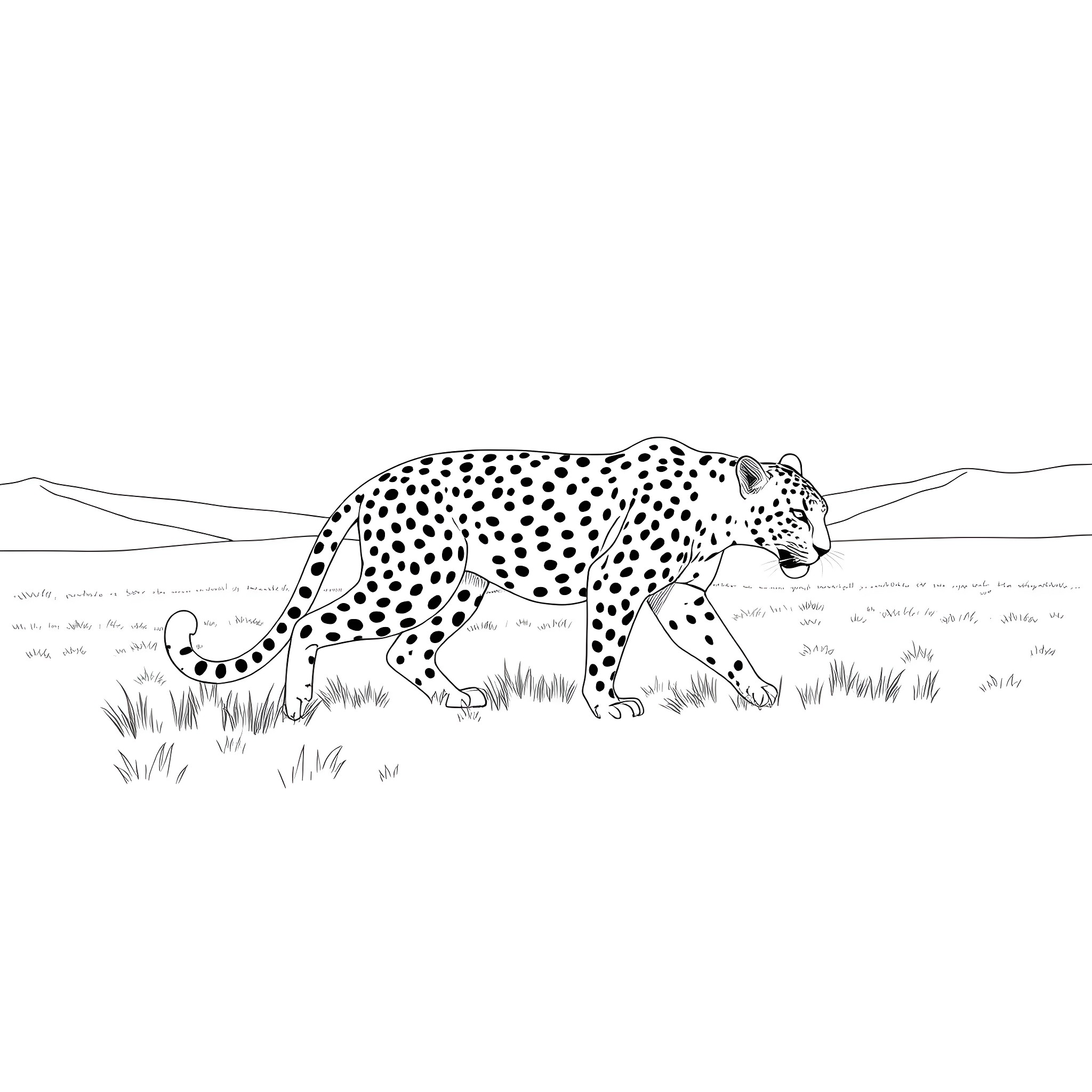 Leopard stalking through the grasslands Coloring Page (free black-and-white line drawing printable PDF for all, from beginners to advanced learners, including children, teens, adults, and seniors)