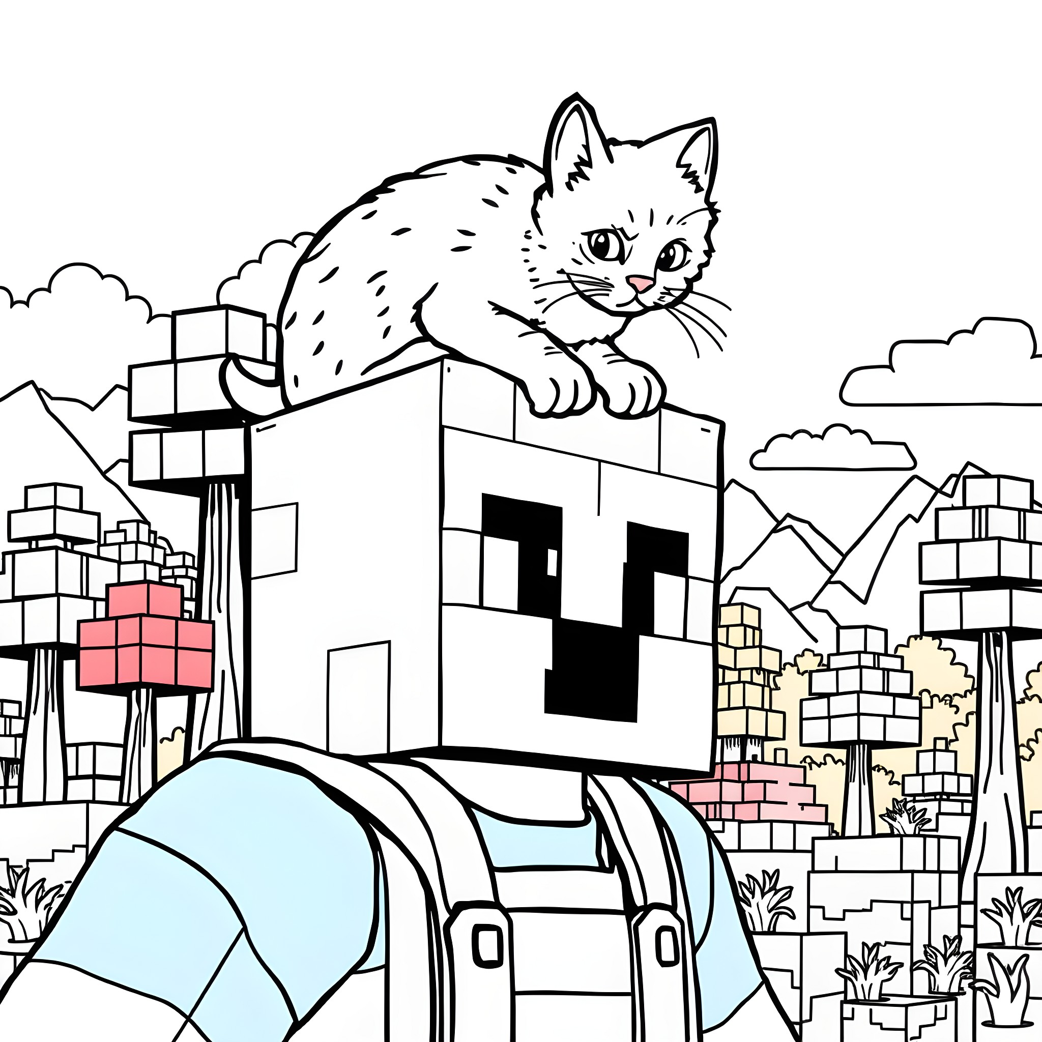 Cat exploring the urban jungle Coloring Page (free black-and-white line drawing printable PDF for all, from beginners to advanced learners, including children, teens, adults, and seniors)