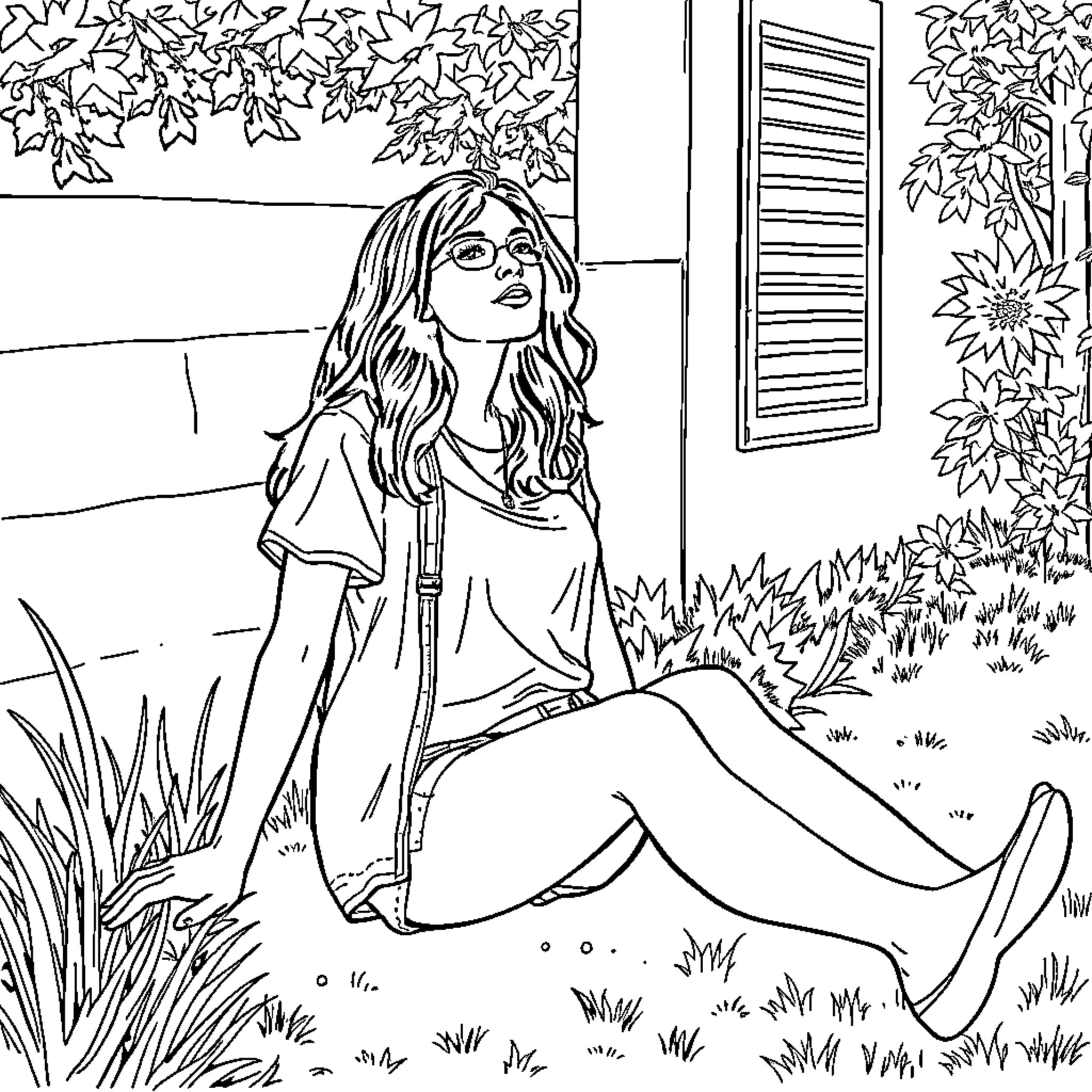 Woman sitting peacefully in nature Coloring Page (free black-and-white line drawing printable PDF for all, from beginners to advanced learners, including children, teens, adults, and seniors)