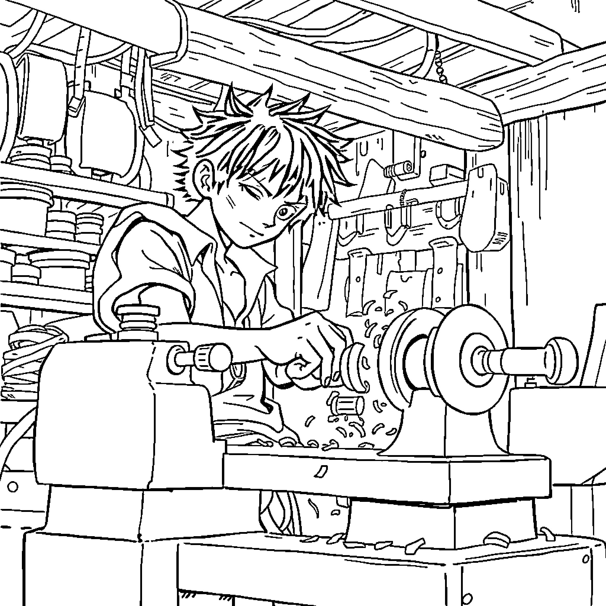 Luffy Working Diligently in his Workshop Coloring Page (free black-and-white line drawing printable PDF for all, from beginners to advanced learners, including children, teens, adults, and seniors)