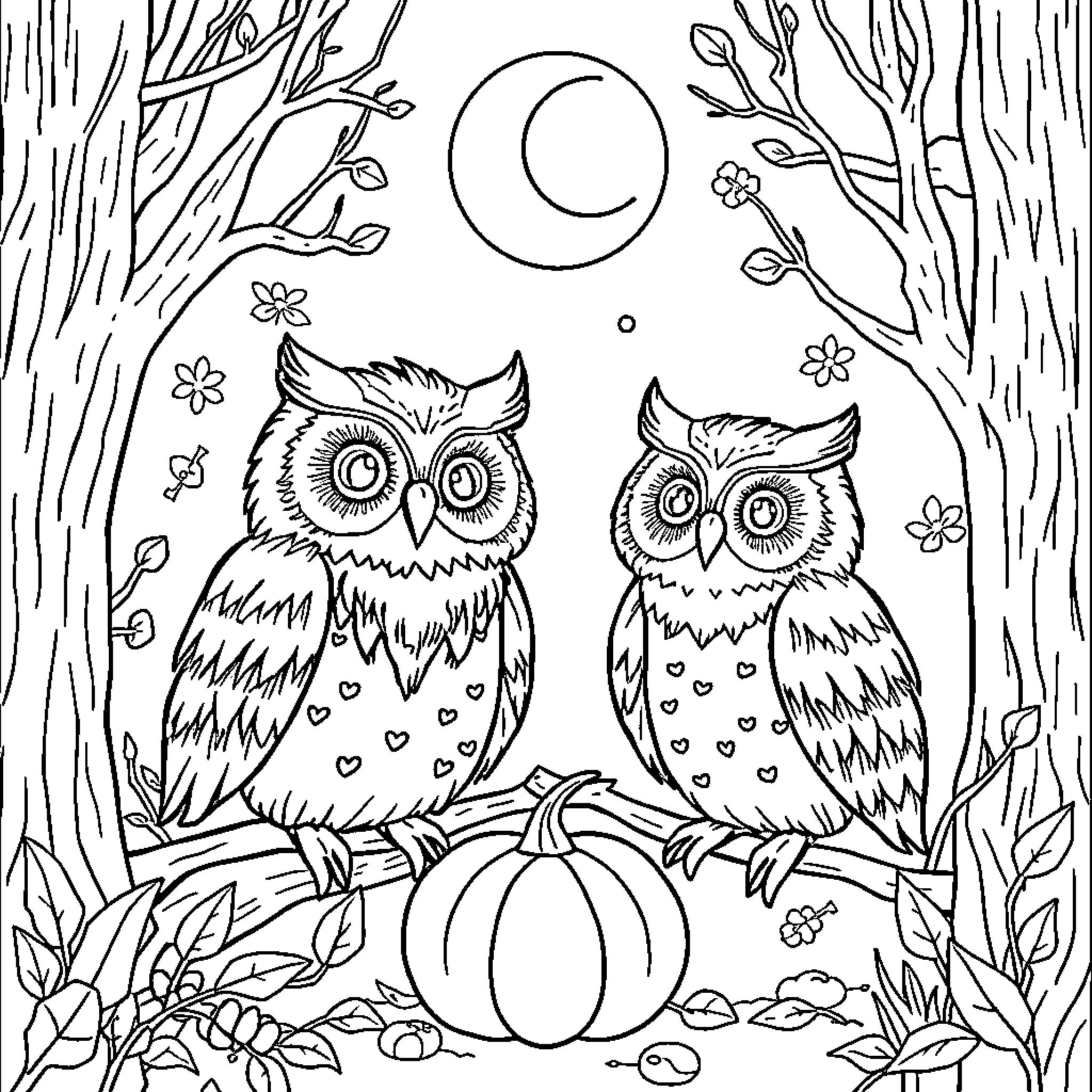 Owl Companions in a Moonlit Forest Coloring Page (free black-and-white line drawing printable PDF for all, from beginners to advanced learners, including children, teens, adults, and seniors)