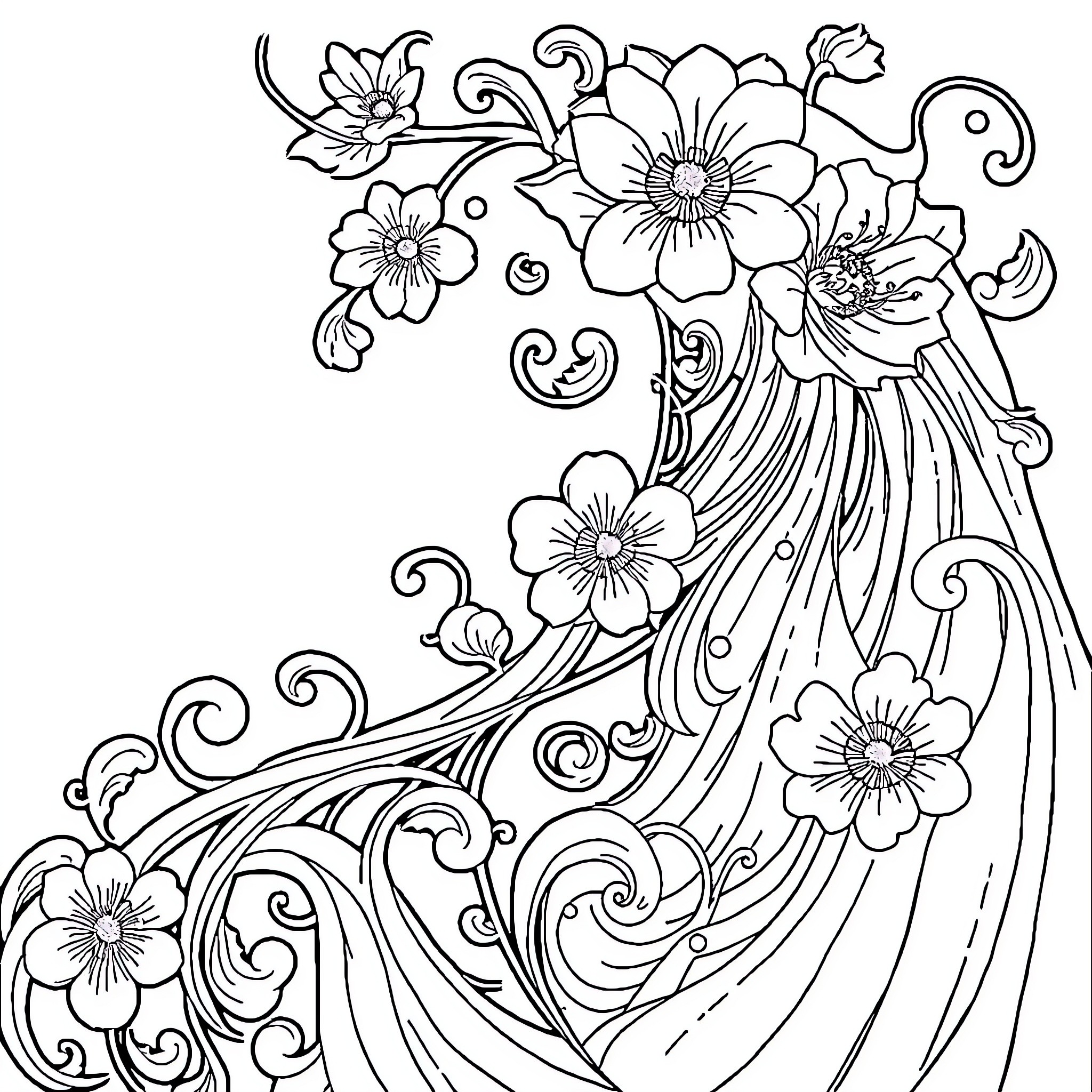 Art Nouveau Floral Illustration with Decorative Patterns Coloring Page (free black-and-white line drawing printable PDF for all, from beginners to advanced learners, including children, teens, adults, and seniors)