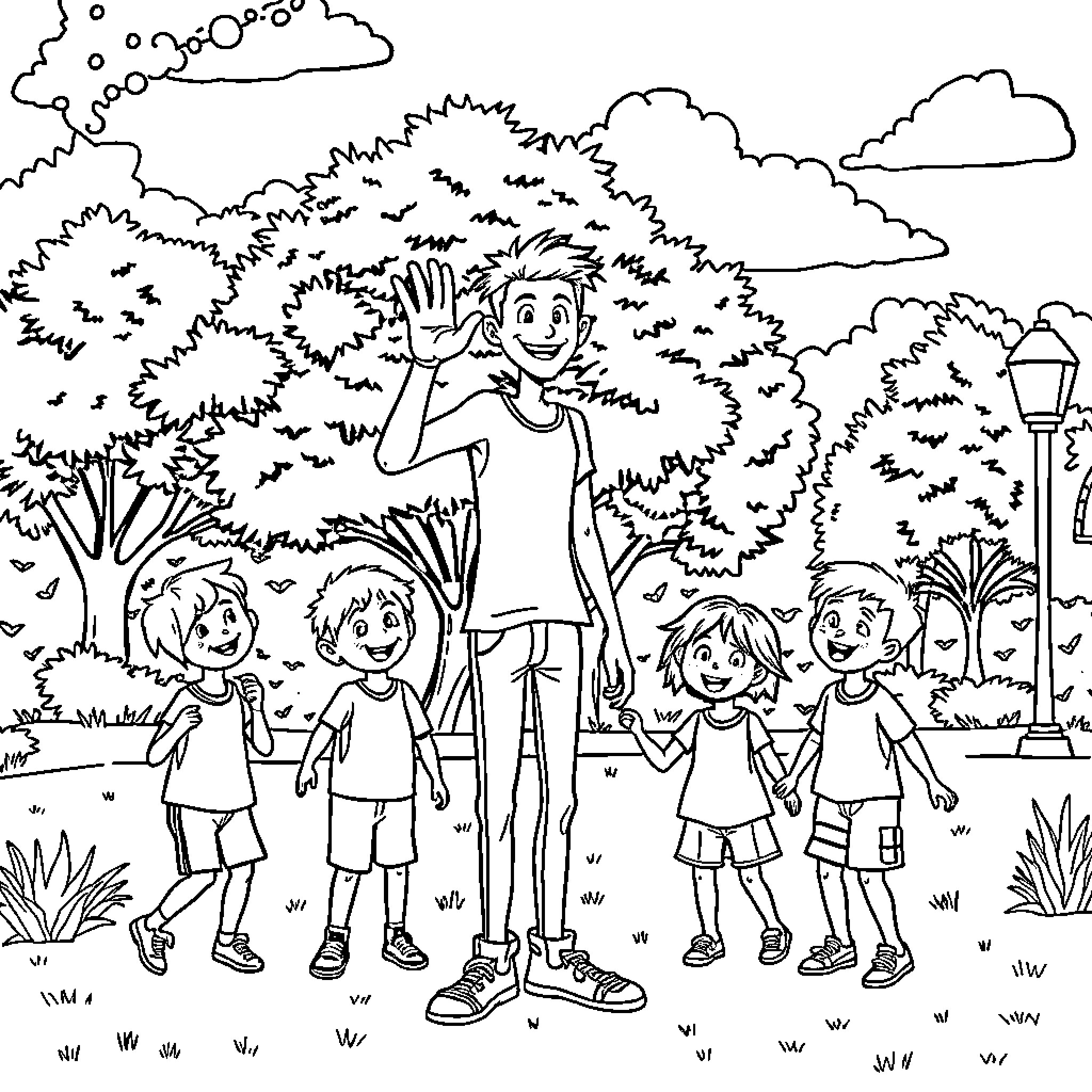 Kyle's Fun Day with Friends in the Park Coloring Page (free black-and-white line drawing printable PDF for all, from beginners to advanced learners, including children, teens, adults, and seniors)