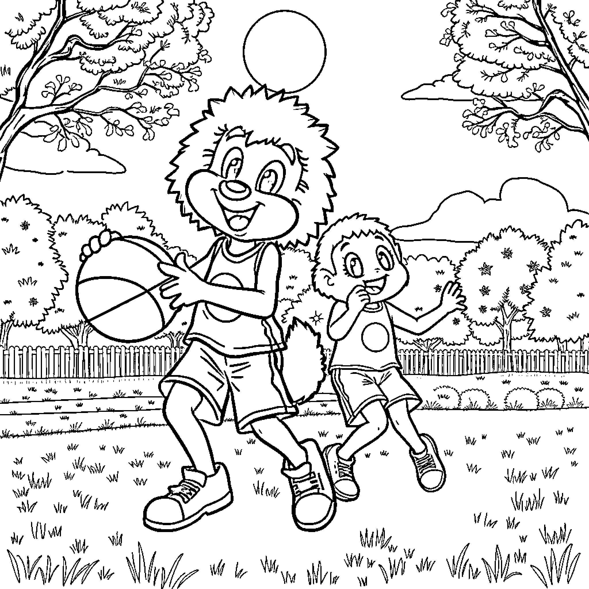 Bluey and friend playing happily outdoors Coloring Page (free black-and-white line drawing printable PDF for all, from beginners to advanced learners, including children, teens, adults, and seniors)