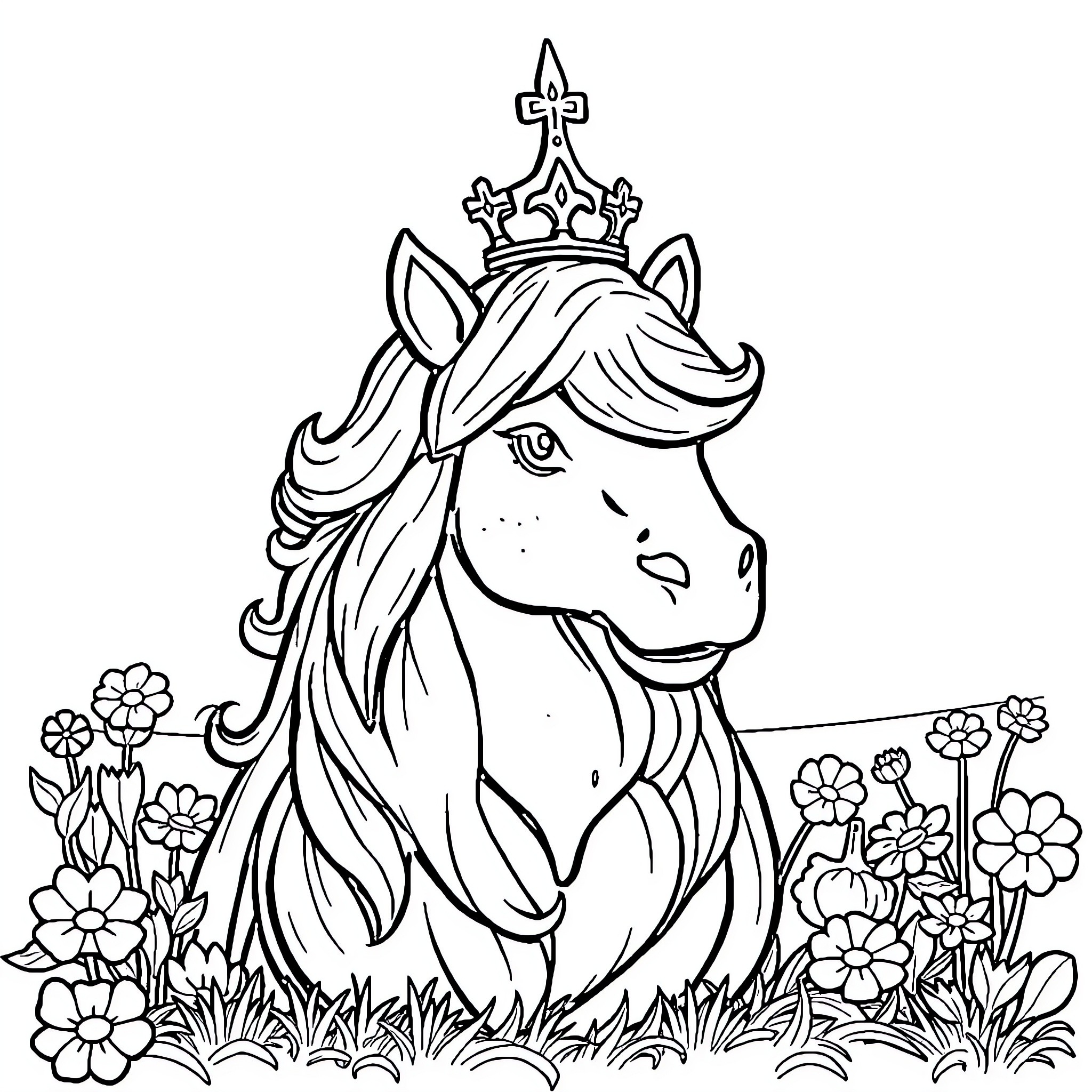 King Unicorn in Floral Meadow Coloring Page (free black-and-white line drawing printable PDF for all, from beginners to advanced learners, including children, teens, adults, and seniors)