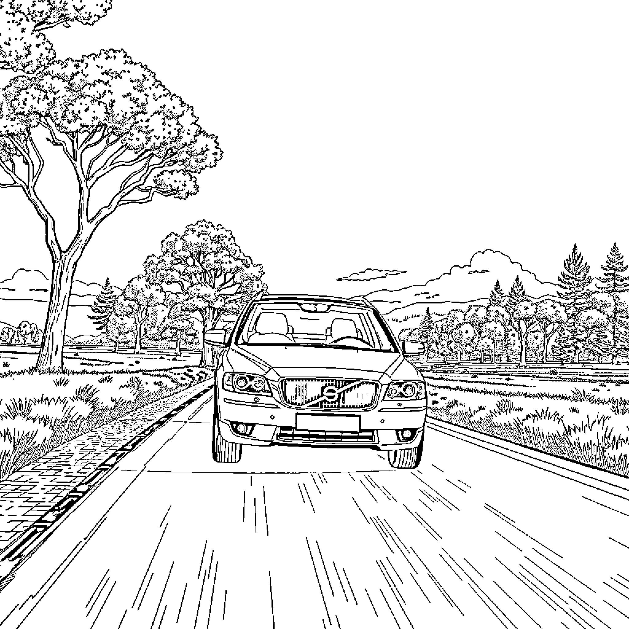 Volvo vehicle driving along the scenic countryside road Coloring Page (free black-and-white line drawing printable PDF for all, from beginners to advanced learners, including children, teens, adults, and seniors)
