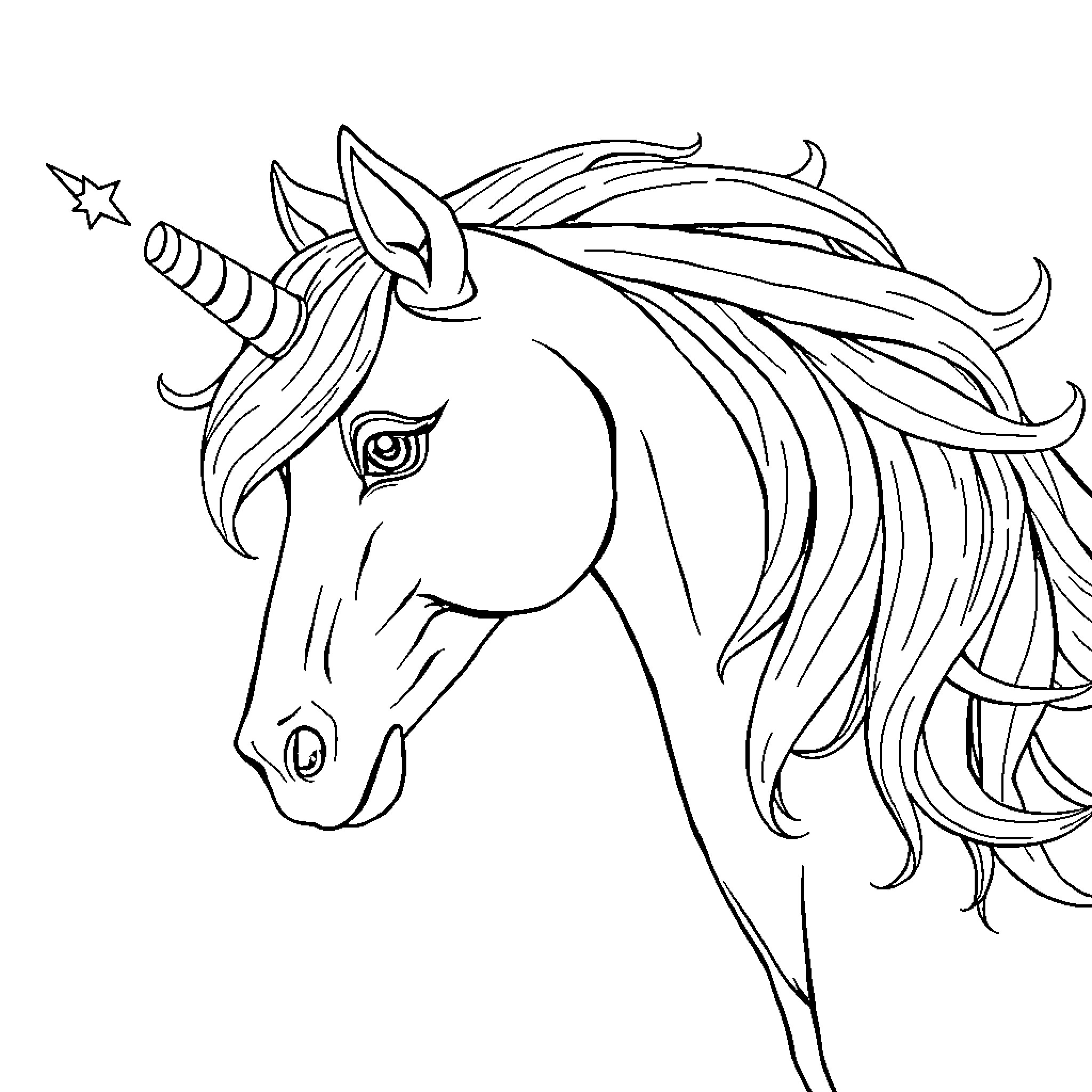Unicorn with flowing mane and stars Coloring Page (free black-and-white line drawing printable PDF for all, from beginners to advanced learners, including children, teens, adults, and seniors)