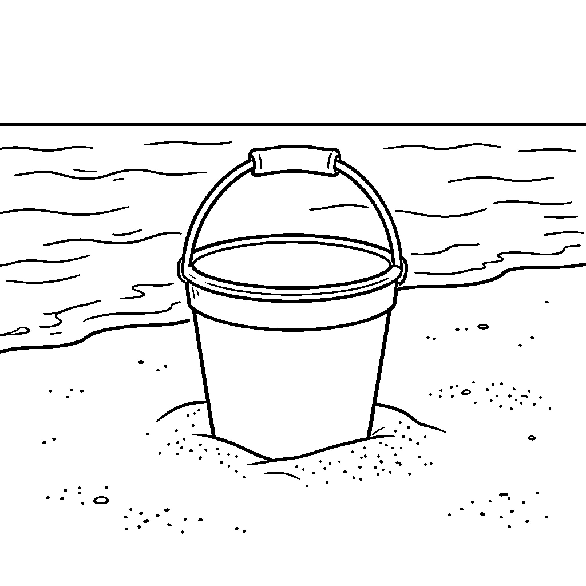 Bucket sitting alone on the sandy beach Coloring Page (free black-and-white line drawing printable PDF for all, from beginners to advanced learners, including children, teens, adults, and seniors)