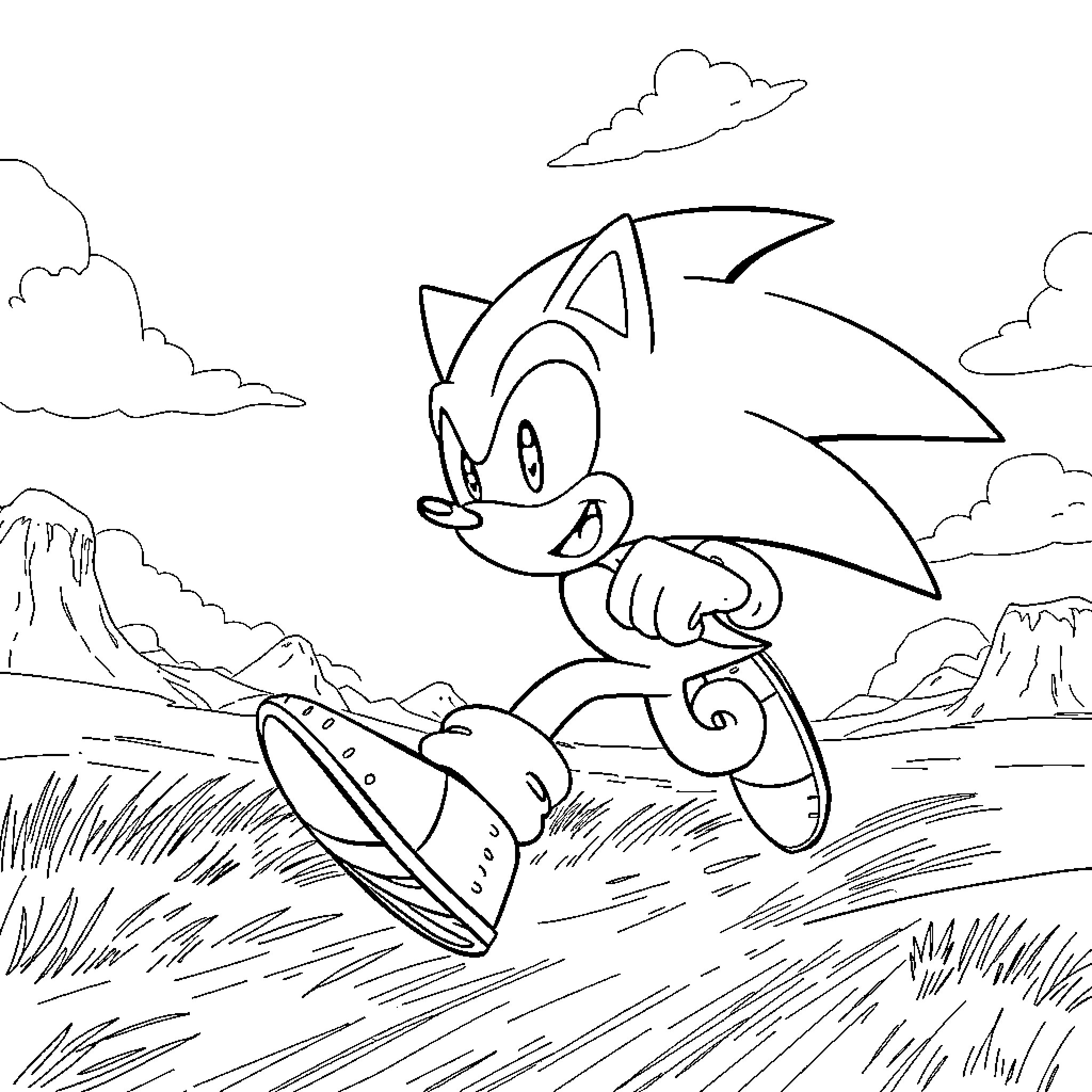 Sonic running fast through a grassy field Coloring Page (free black-and-white line drawing printable PDF for all, from beginners to advanced learners, including children, teens, adults, and seniors)