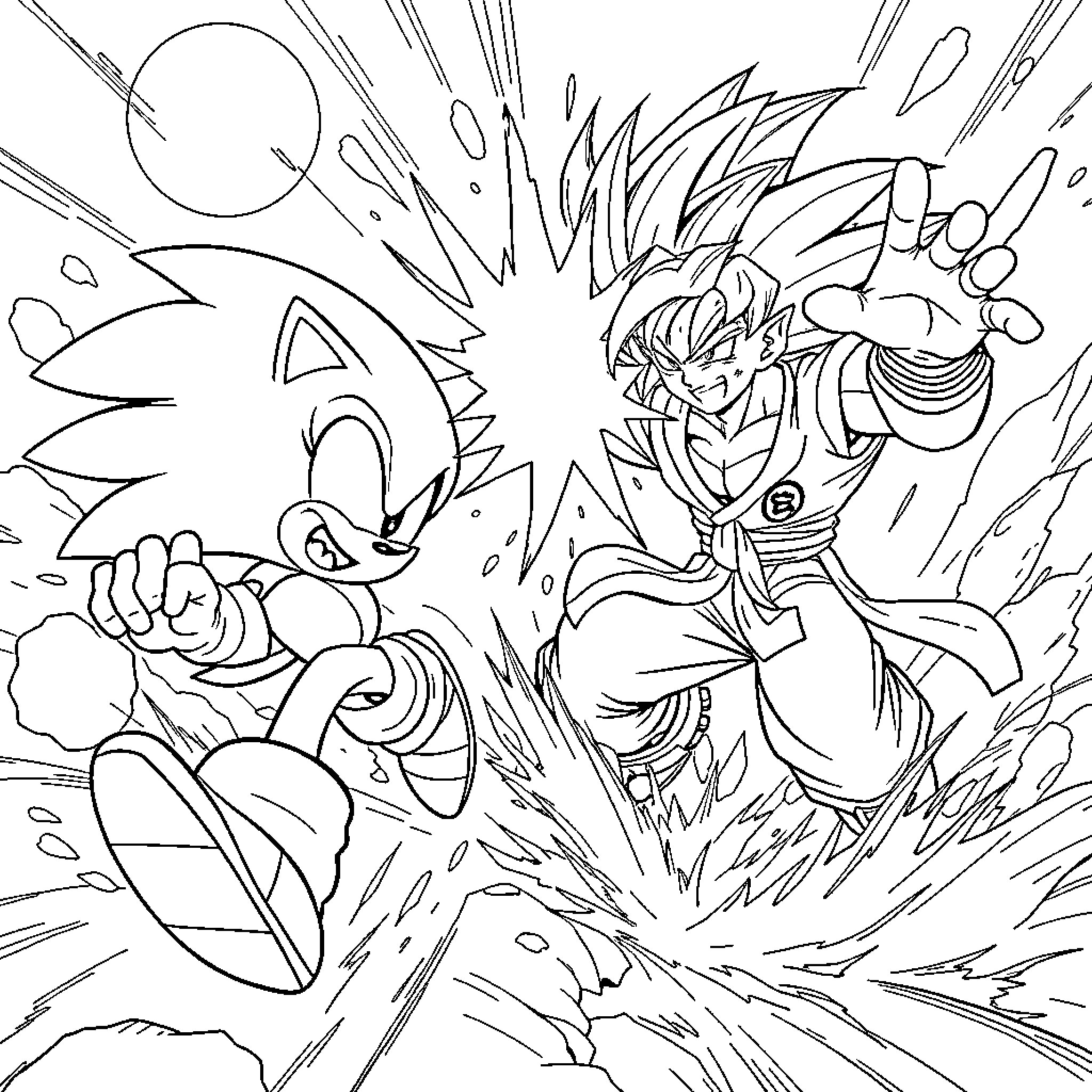 Sonic characters in action-packed battle scene Coloring Page (free black-and-white line drawing printable PDF for all, from beginners to advanced learners, including children, teens, adults, and seniors)