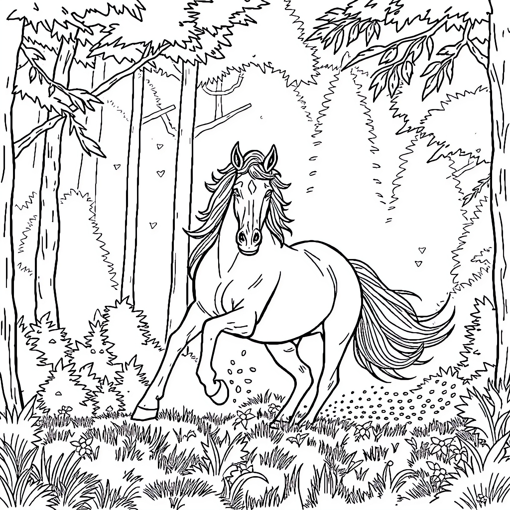 Horse galloping through the enchanted forest Coloring Page (free black-and-white line drawing printable PDF for all, from beginners to advanced learners, including children, teens, adults, and seniors)