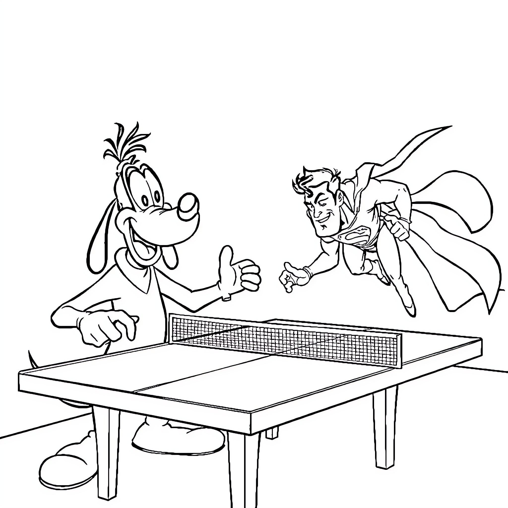 Goofy characters playing ping pong together Coloring Page (free black-and-white line drawing printable PDF for all, from beginners to advanced learners, including children, teens, adults, and seniors)
