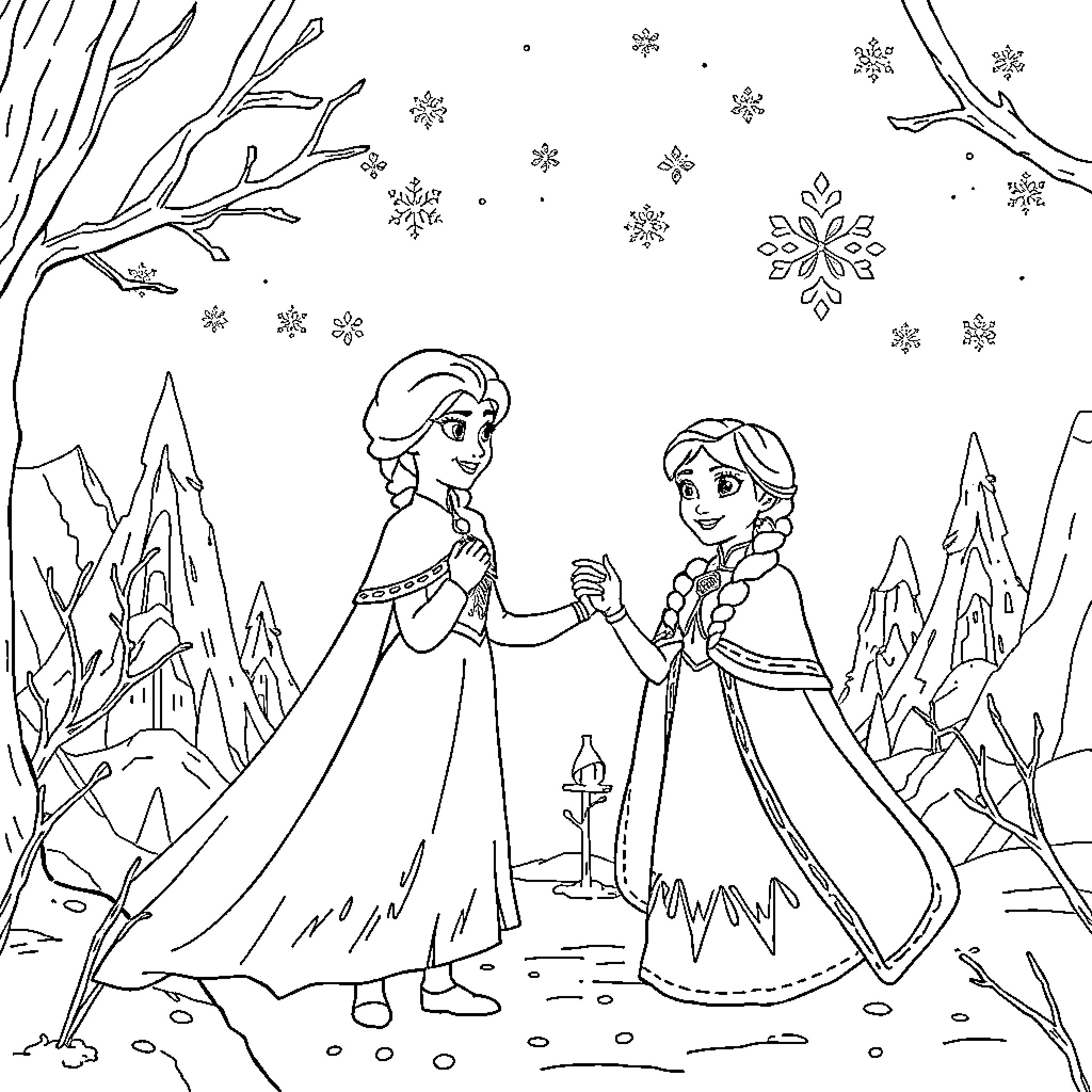 Frozen characters in a winter wonderland Coloring Page (free black-and-white line drawing printable PDF for all, from beginners to advanced learners, including children, teens, adults, and seniors)