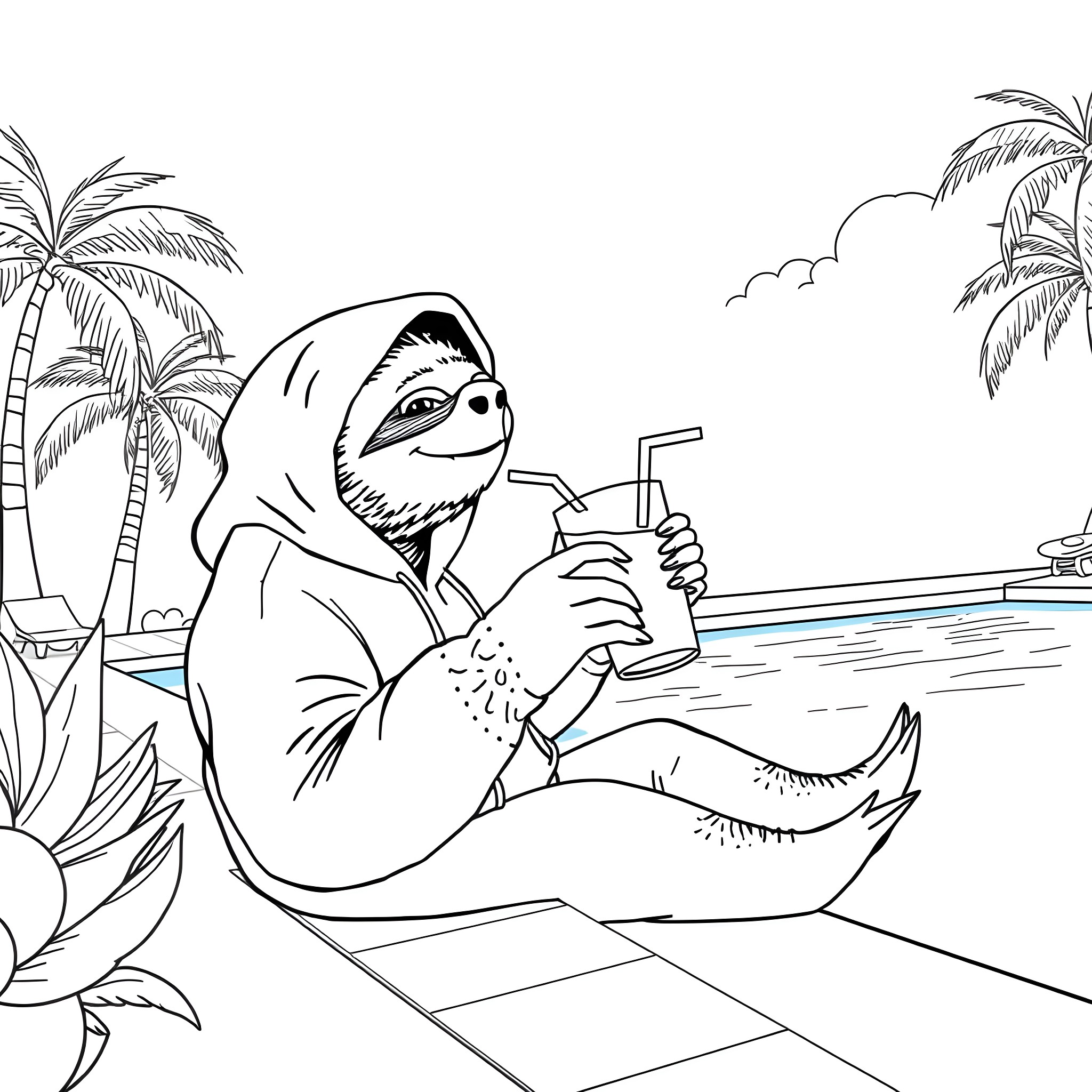 Sloth relaxing with a refreshing drink by the pool Coloring Page (free black-and-white line drawing printable PDF for all, from beginners to advanced learners, including children, teens, adults, and seniors)