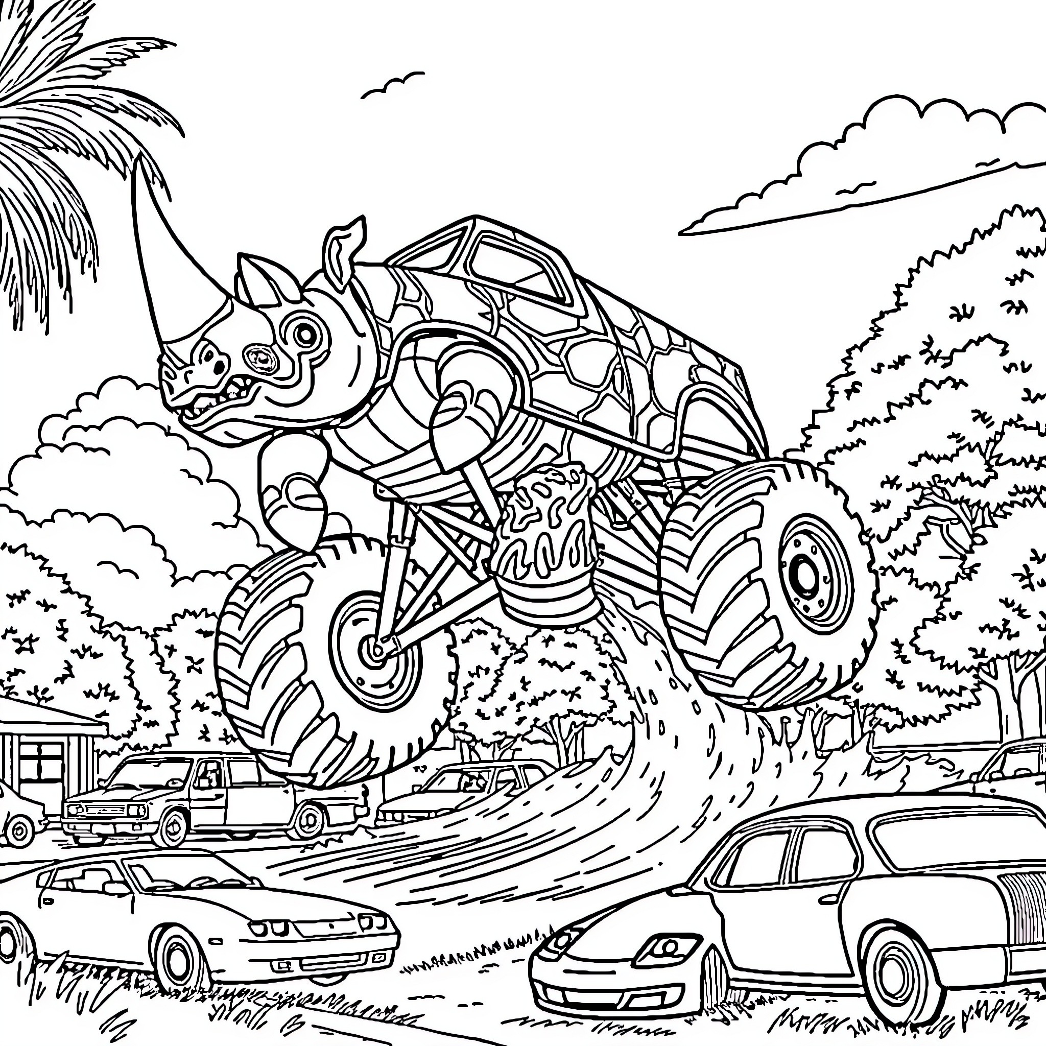 Monster Truck Crushing Cars in Tropical Scene Coloring Page (free black-and-white line drawing printable PDF for all, from beginners to advanced learners, including children, teens, adults, and seniors)