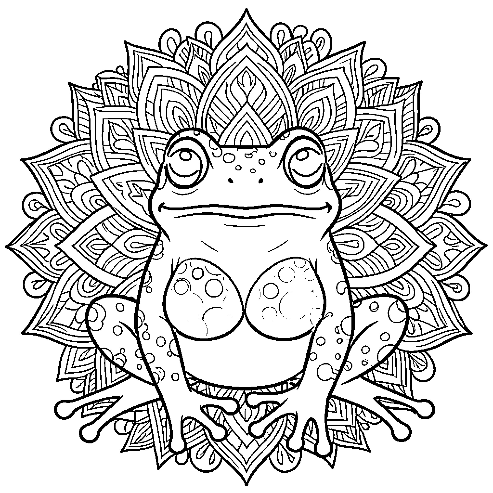 Frog in Ornate Mandala Frame Coloring Page (free black-and-white line drawing printable PDF for all, from beginners to advanced learners, including children, teens, adults, and seniors)