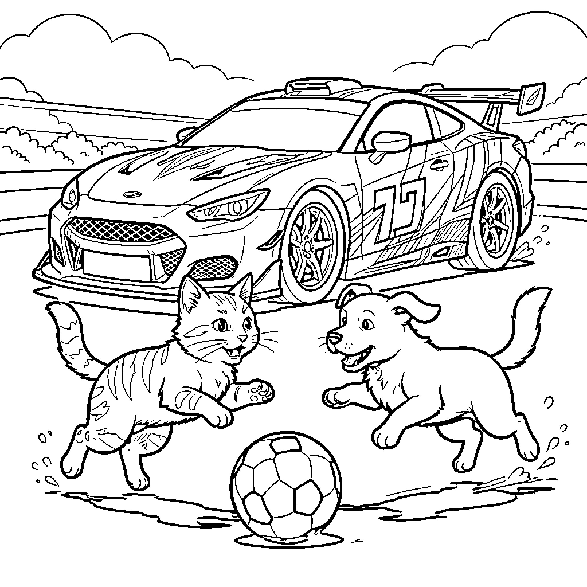 Cat and Dog Playing with Soccer Ball near Race Car Coloring Page (free black-and-white line drawing printable PDF for all, from beginners to advanced learners, including children, teens, adults, and seniors)