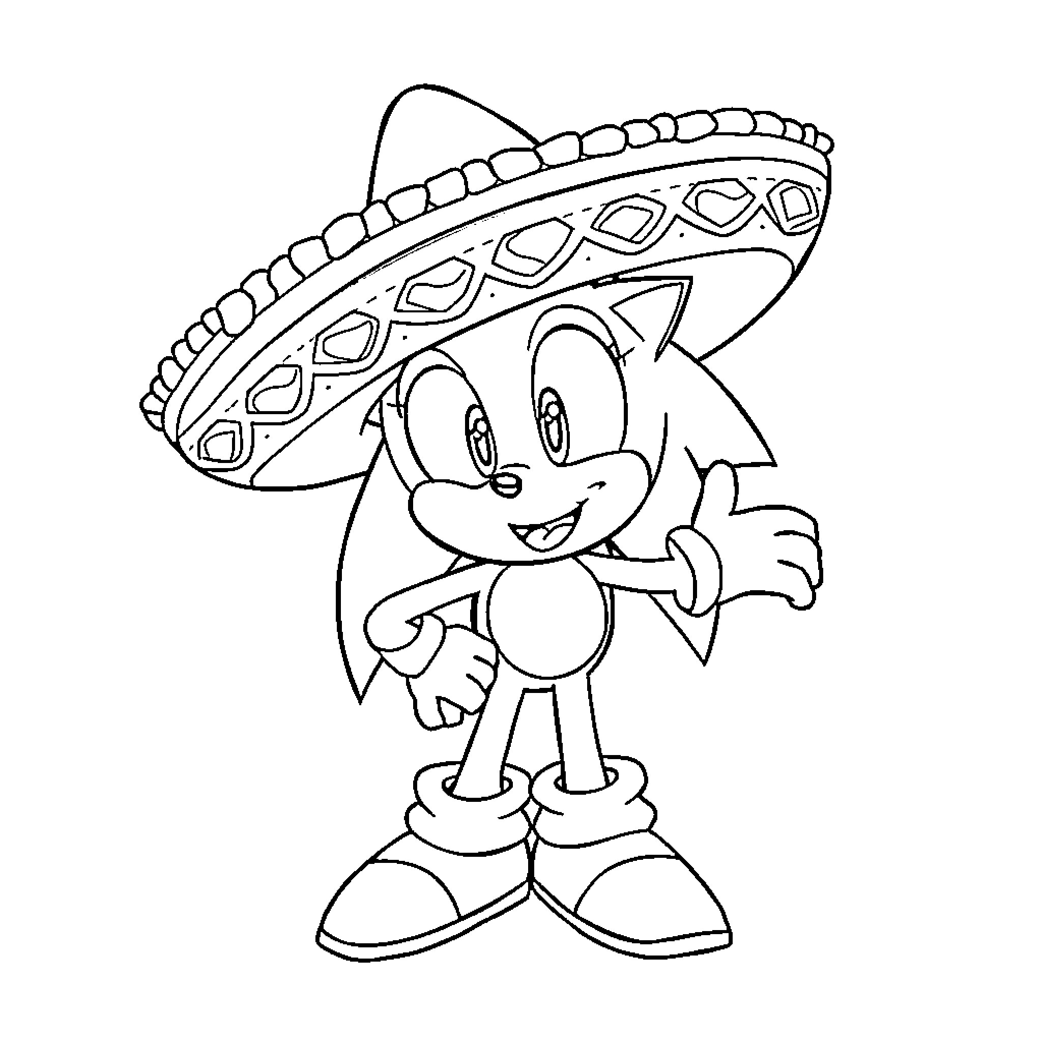 Sonic Wearing a Sombrero in a Coloring Page Coloring Page (free black-and-white line drawing printable PDF for all, from beginners to advanced learners, including children, teens, adults, and seniors)