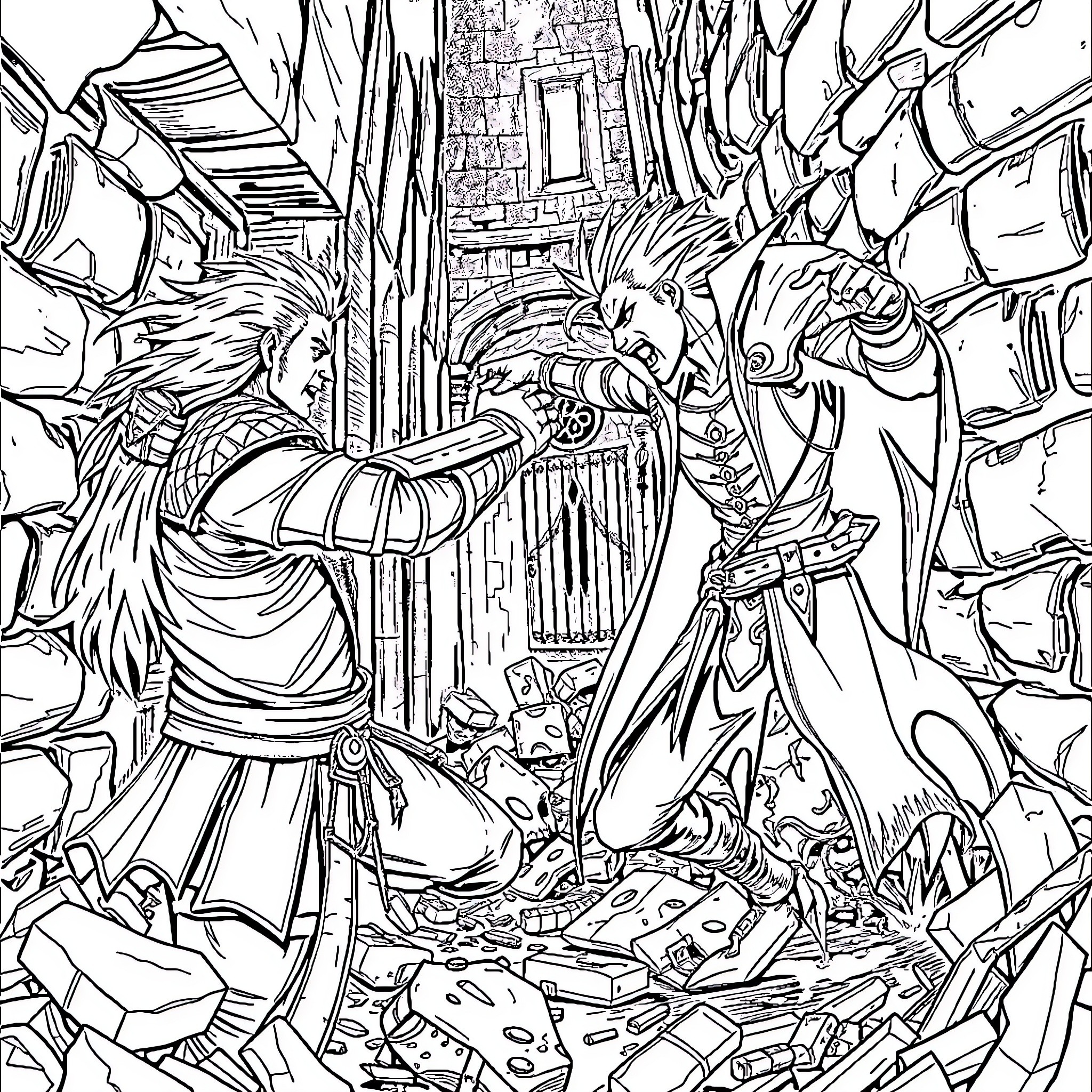 Geralt battling monsters in a mysterious castle Coloring Page (free black-and-white line drawing printable PDF for all, from beginners to advanced learners, including children, teens, adults, and seniors)