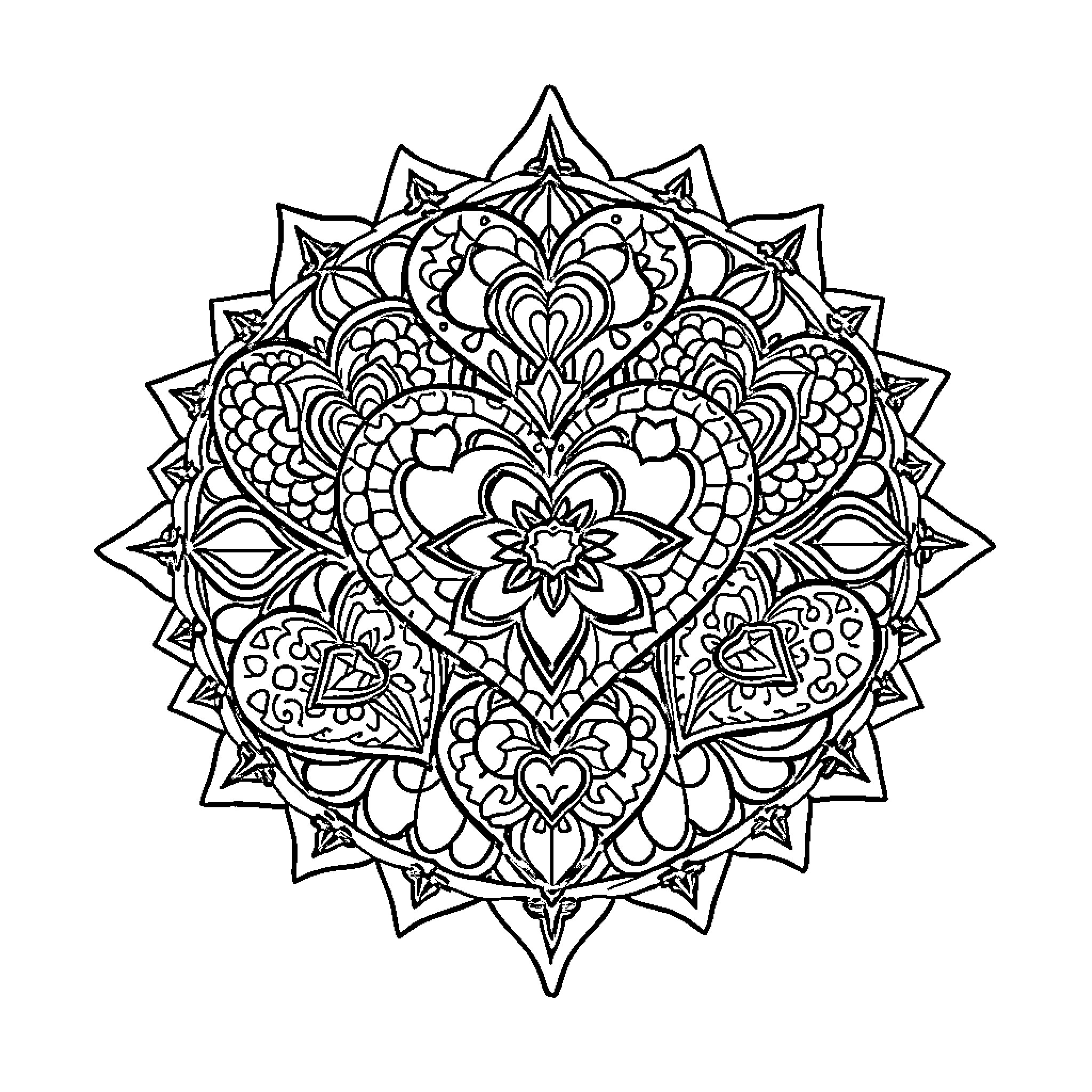 Heart-Shaped Mandala Design Coloring Page (free black-and-white line drawing printable PDF for all, from beginners to advanced learners, including children, teens, adults, and seniors)